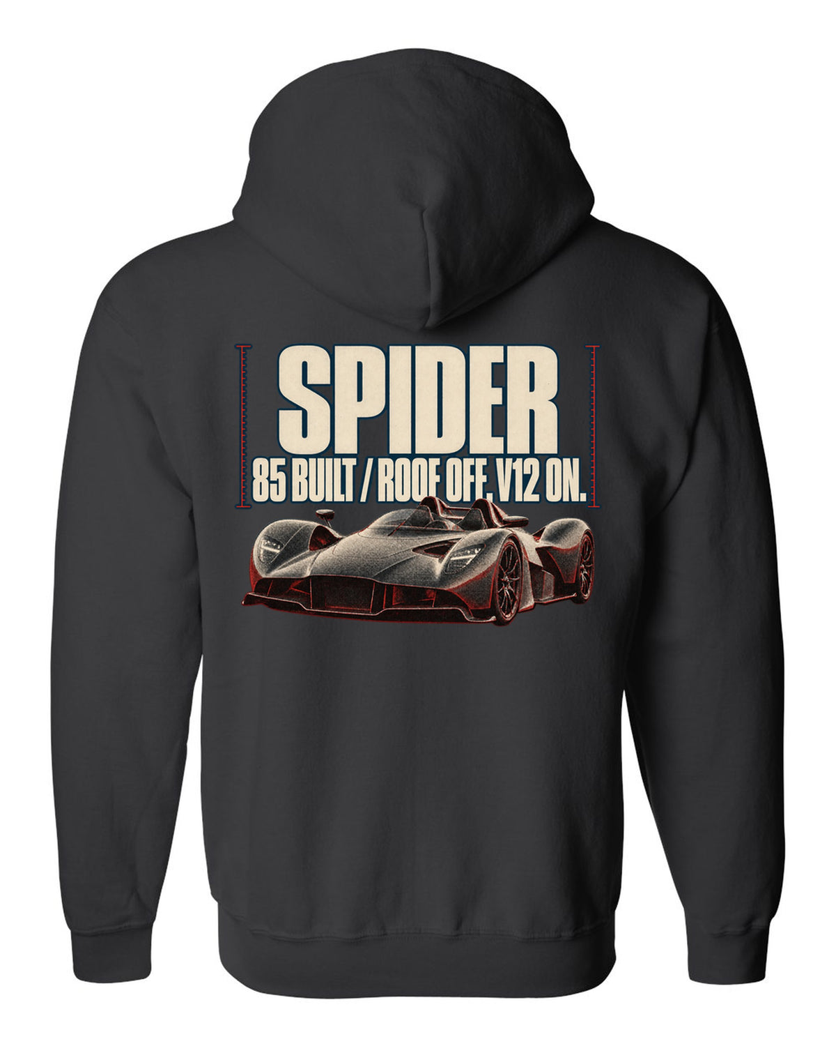 Aston Martin Valkyrie Spider 2022 halftone print with 85 built and roof off V12 on text black zip hoodie back view with the design