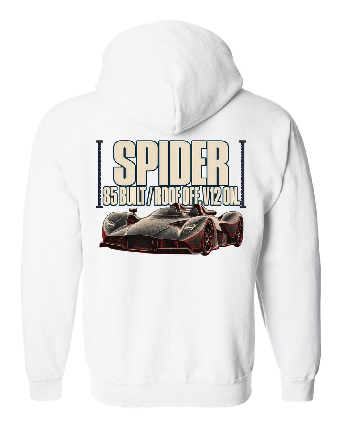 Aston Martin Valkyrie Spider 2022 halftone print with 85 built and roof off V12 on text white zip hoodie back view with the design