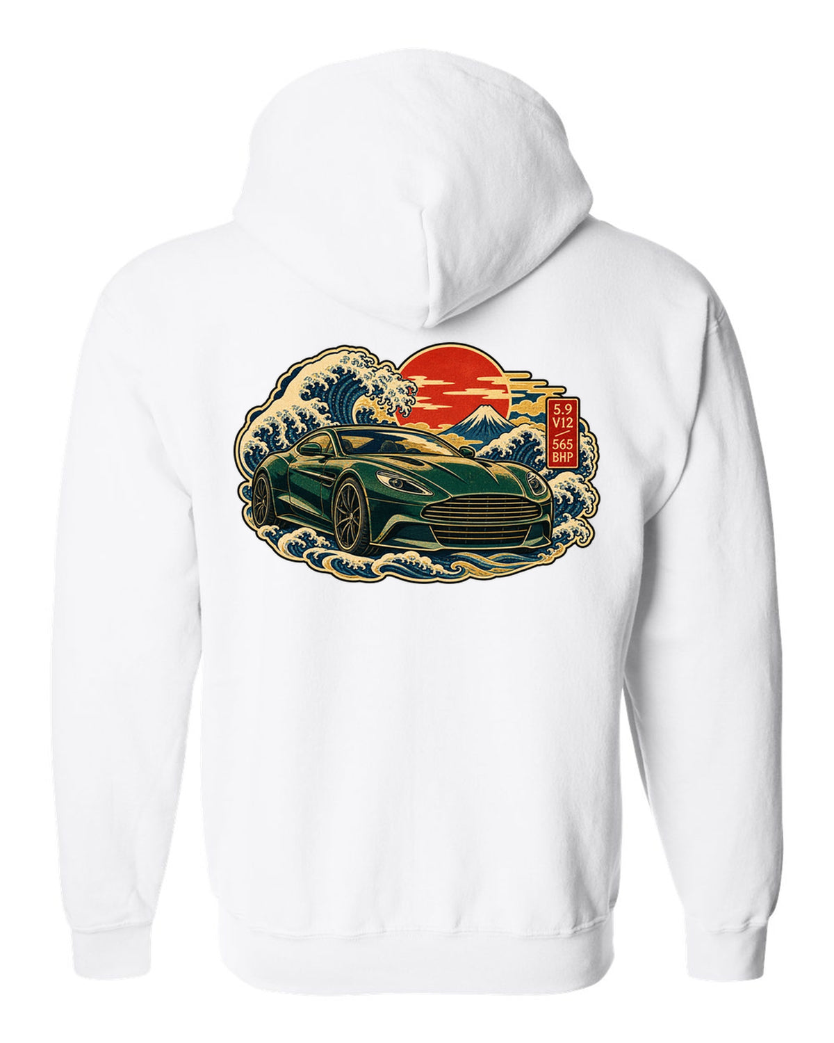 Aston Martin Vanquish ukiyo-e woodblock wave with 5.9 V12 565 BHP lettering white zip hoodie back view with the design