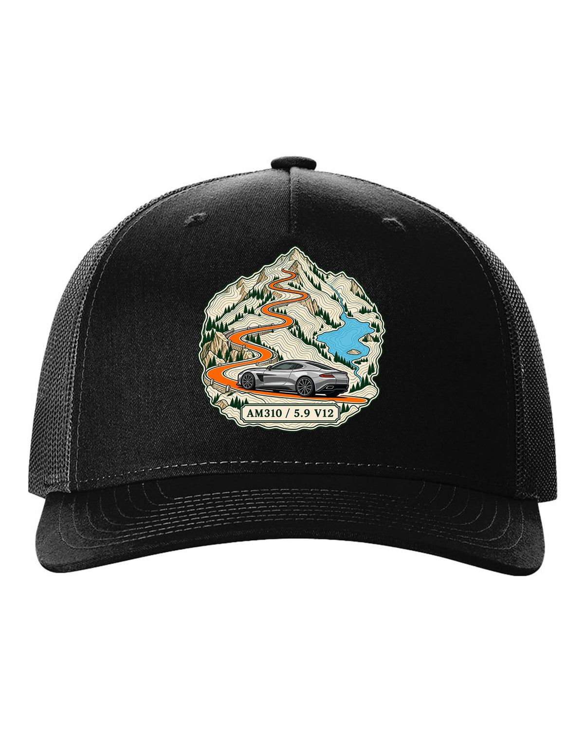 Topographic ridge route map print for the 2012 Aston Martin Vanquish AM310 with 5.9 V12 lettering black hat front view with the design