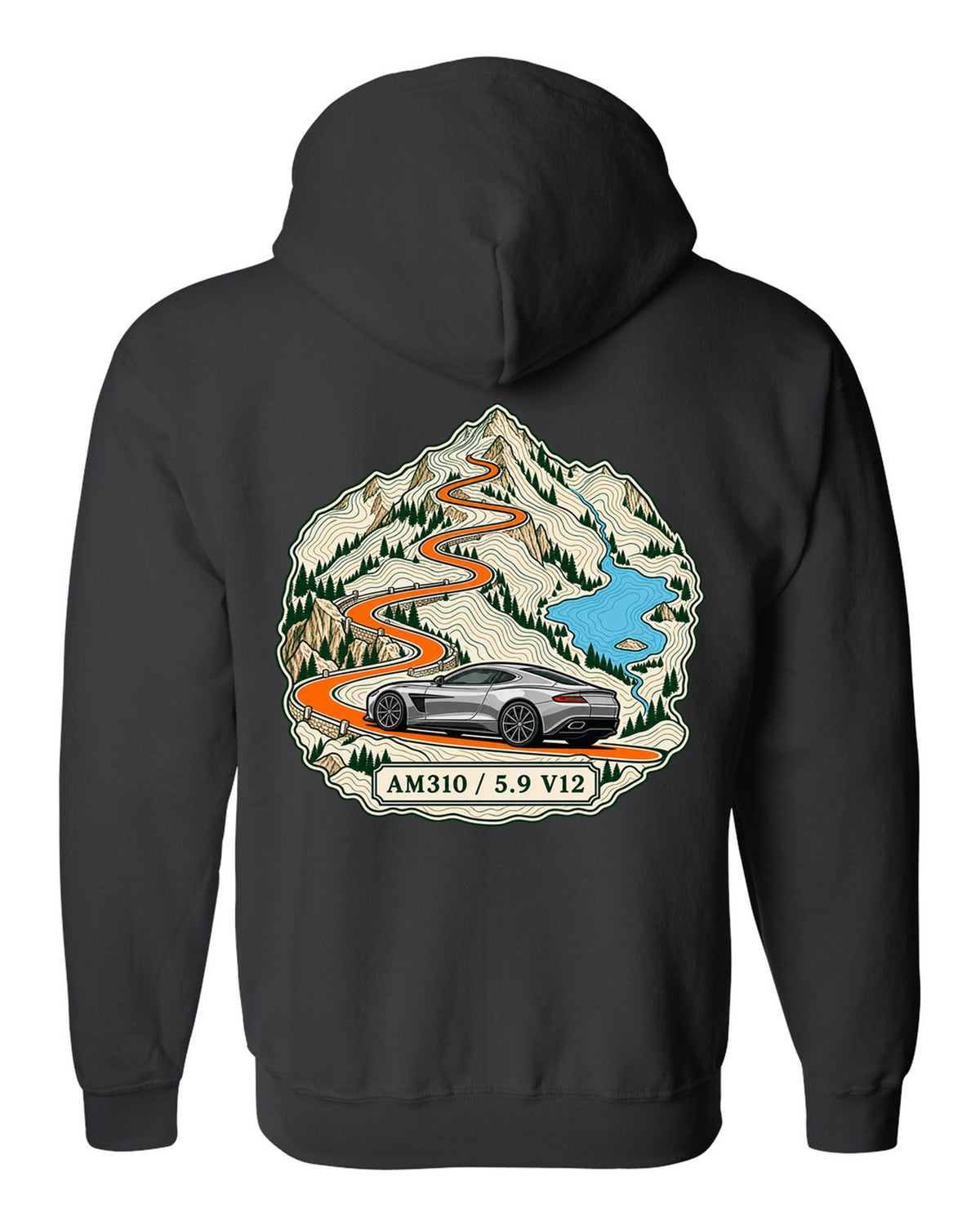 Topographic ridge route map print for the 2012 Aston Martin Vanquish AM310 with 5.9 V12 lettering black zip hoodie back view with the design