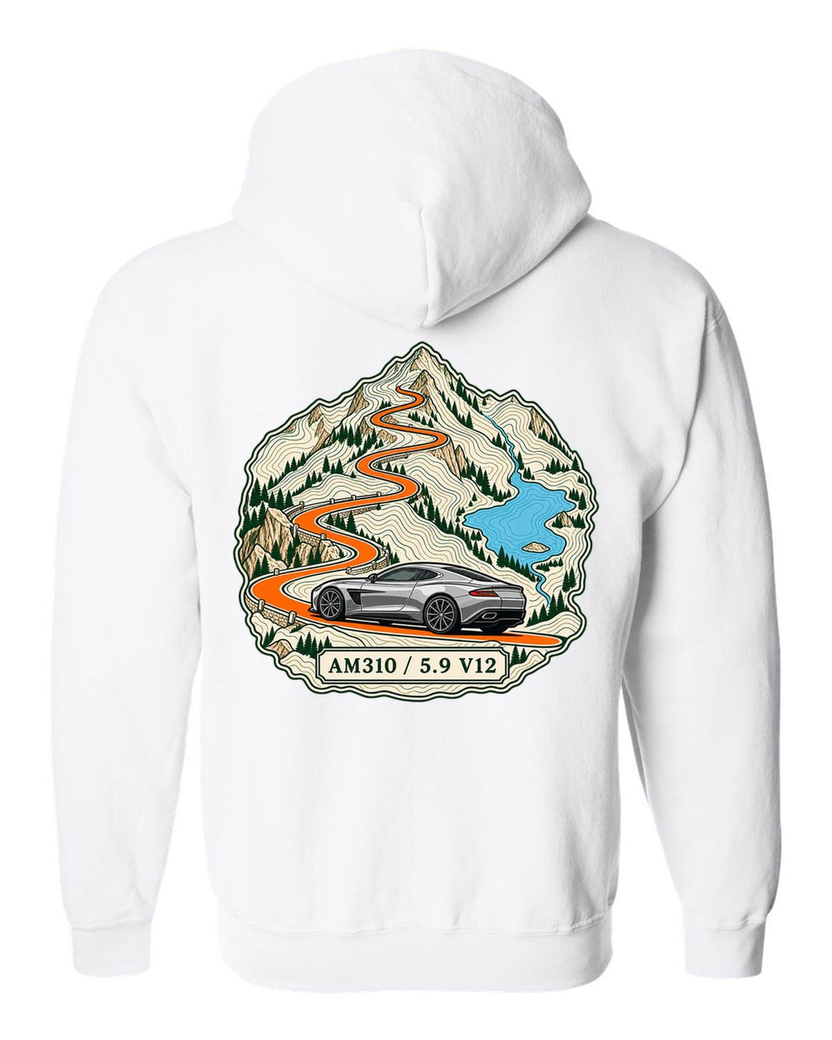 Topographic ridge route map print for the 2012 Aston Martin Vanquish AM310 with 5.9 V12 lettering white zip hoodie back view with the design