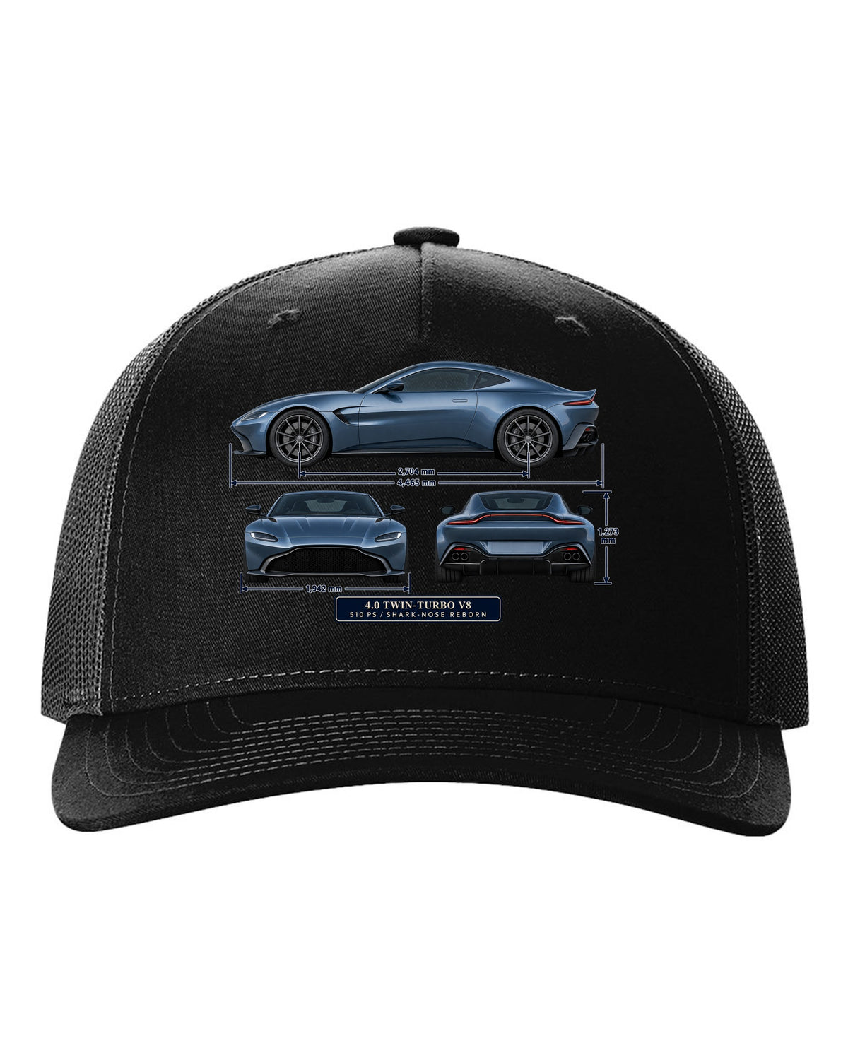 Aston Martin Vantage 2018 three-view print with 4.0 twin-turbo V8 510 PS spec table black hat front view with the design