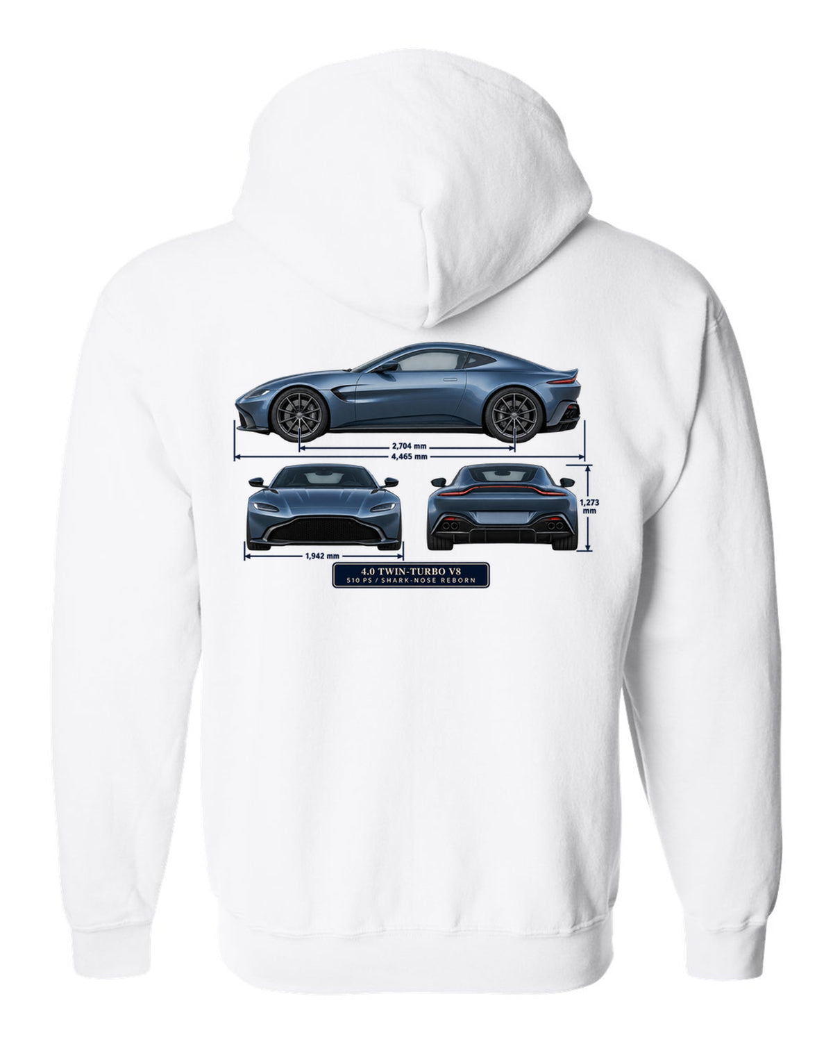 Aston Martin Vantage 2018 three-view print with 4.0 twin-turbo V8 510 PS spec table white zip hoodie back view with the design