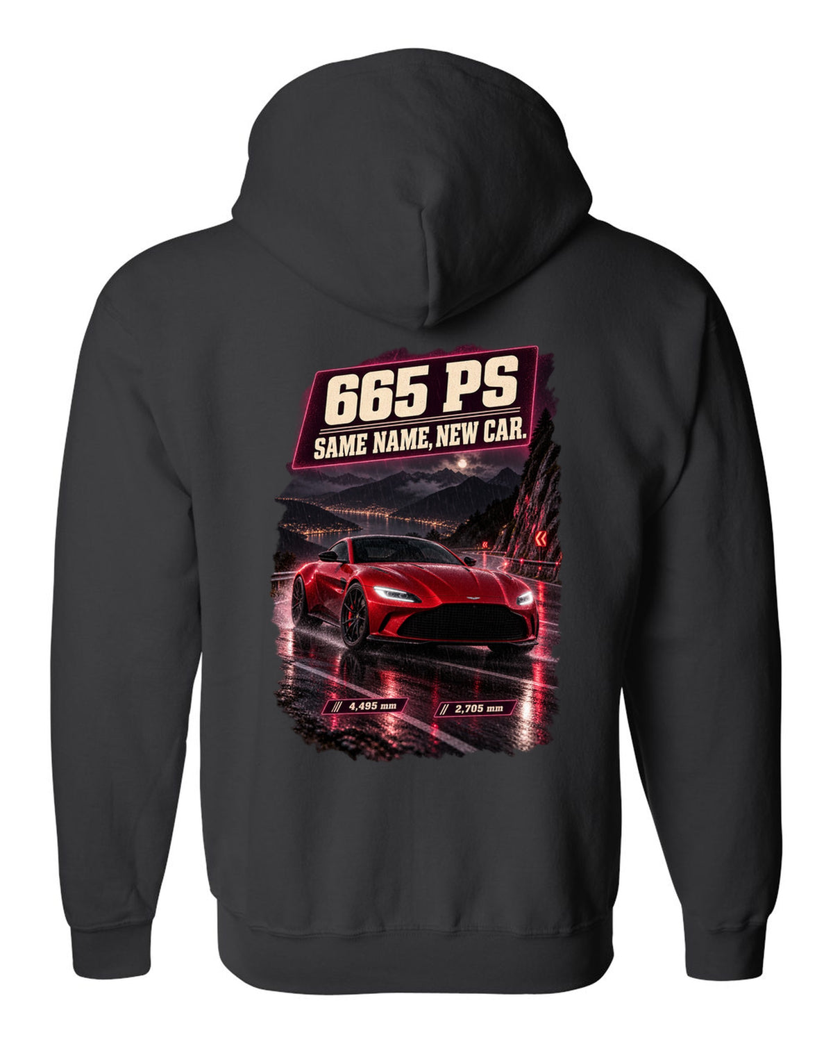 Aston Martin Vantage 2024 touge night street print with 665 PS text black zip hoodie back view with the design