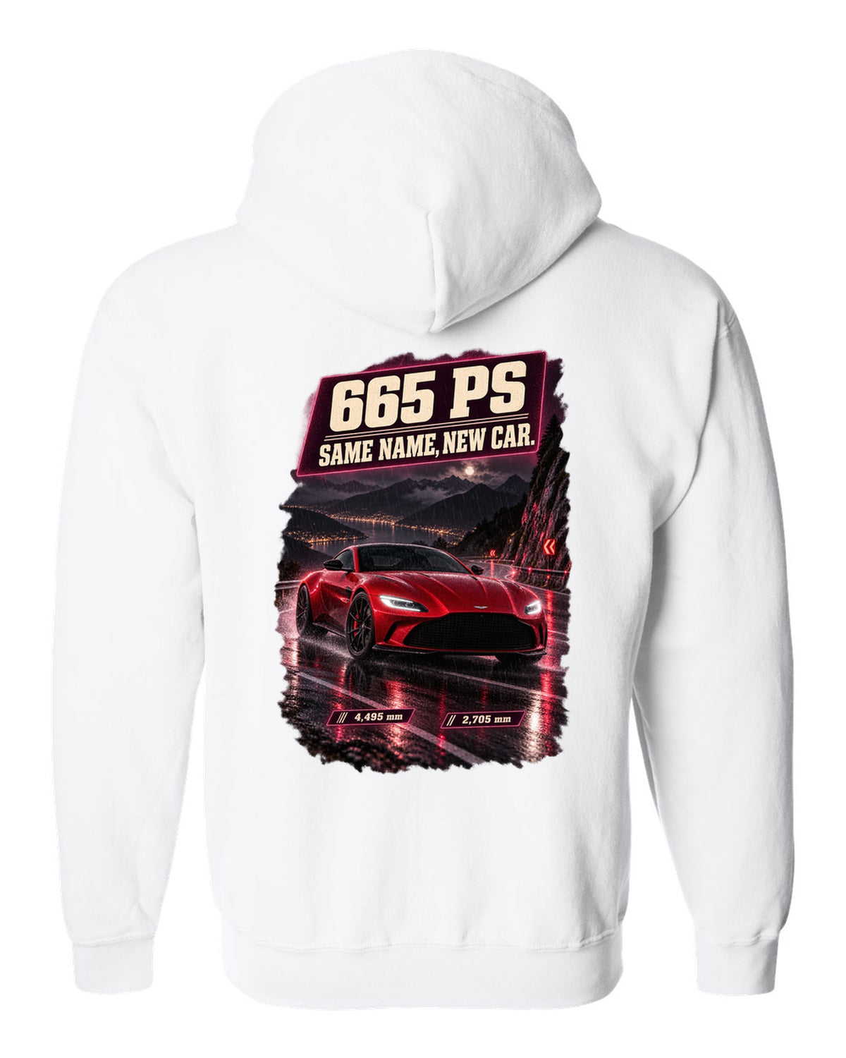 Aston Martin Vantage 2024 touge night street print with 665 PS text white zip hoodie back view with the design