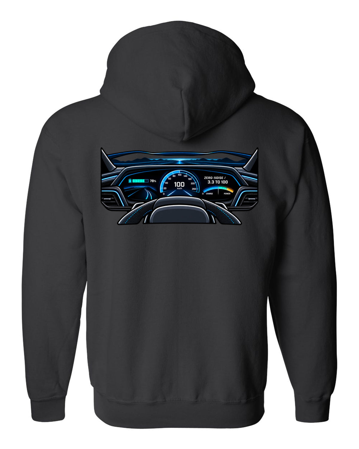 Flat gauge cluster print for the Audi e-tron GT with zero noise lettering black zip hoodie back view with the design