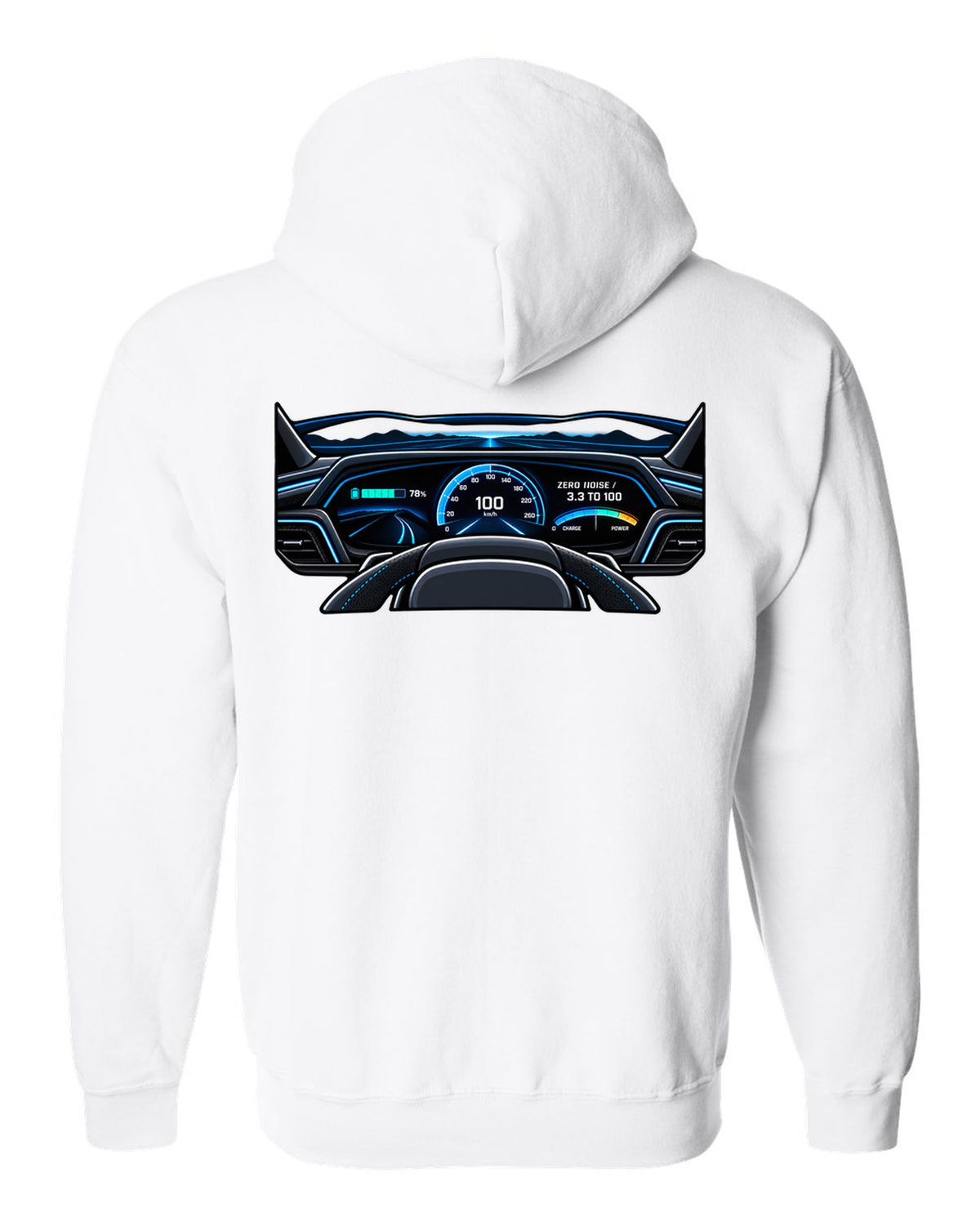 Flat gauge cluster print for the Audi e-tron GT with zero noise lettering white zip hoodie back view with the design