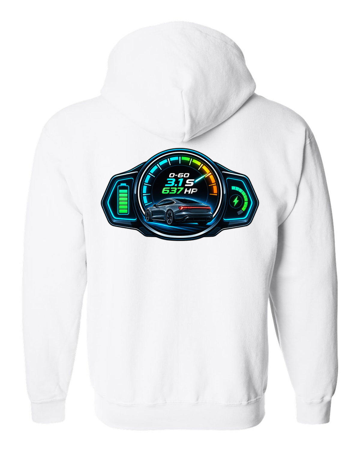HUD gauge cluster print of an Audi e-tron GT with 0-60 and horsepower figures white zip hoodie back view with the design