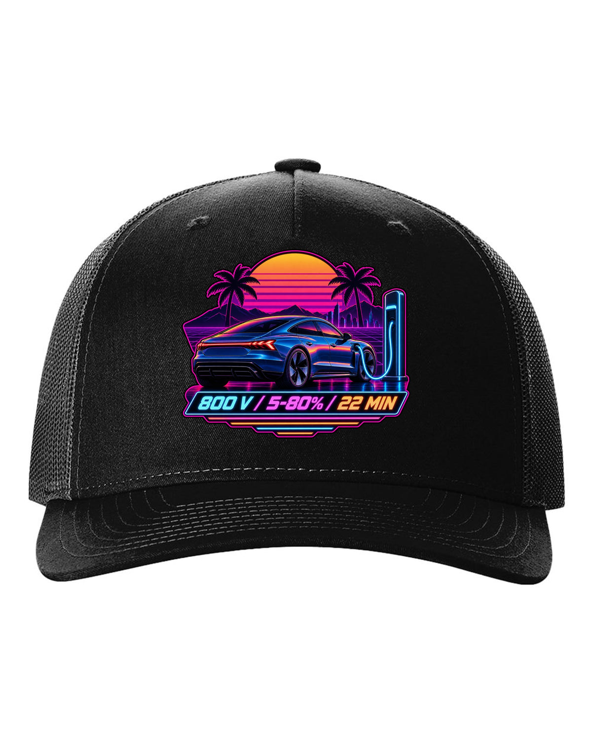 Outrun style print of an Audi e-tron GT with 800 V charging figures black hat front view with the design