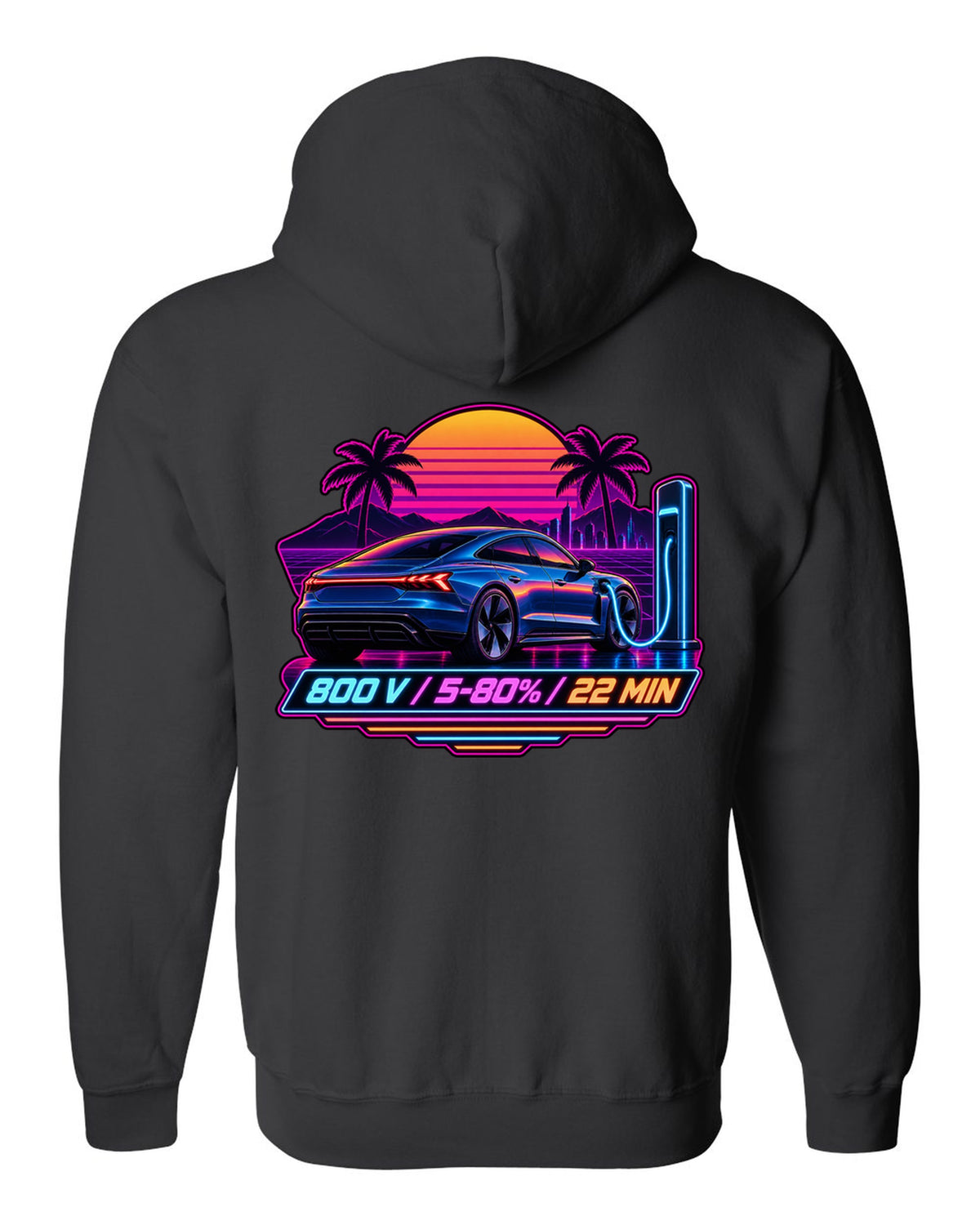 Outrun style print of an Audi e-tron GT with 800 V charging figures black zip hoodie back view with the design