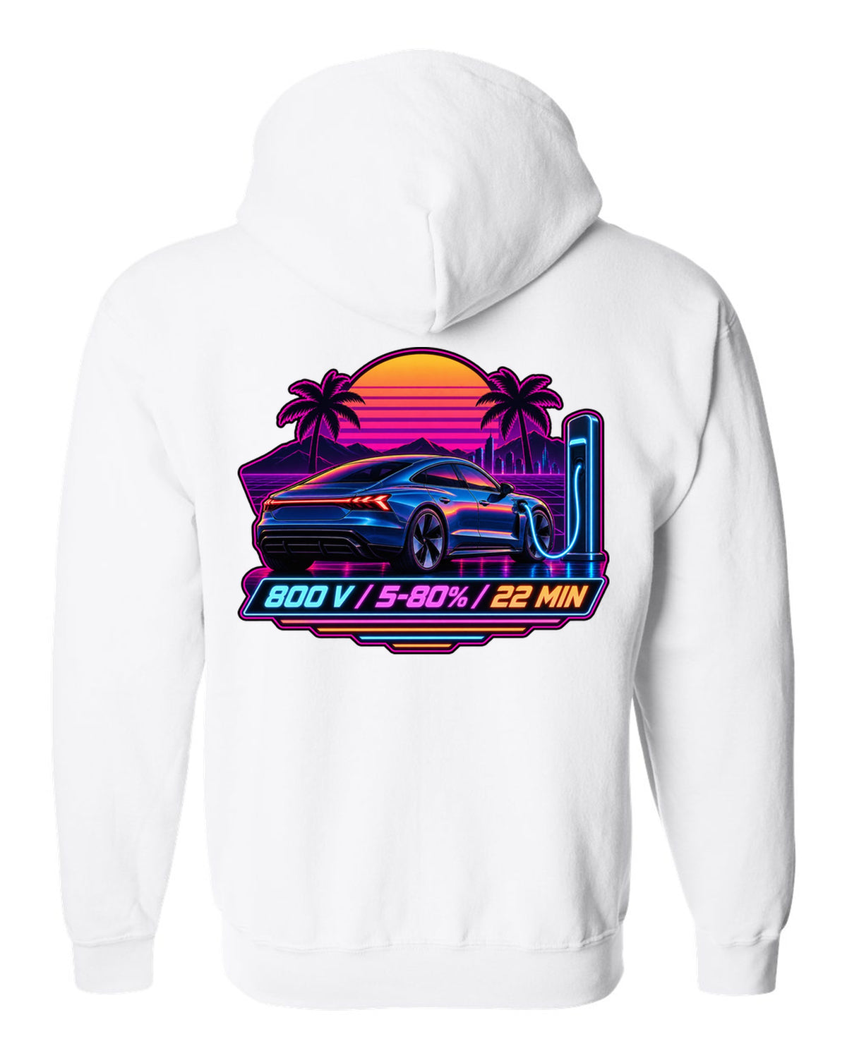 Outrun style print of an Audi e-tron GT with 800 V charging figures white zip hoodie back view with the design