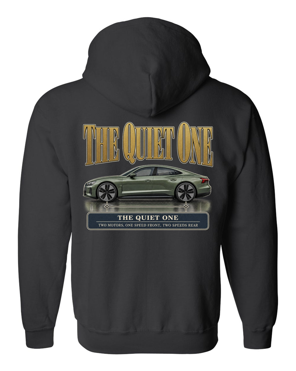 Audi e-tron GT quattro profile editorial headline print design black zip hoodie back view with the design