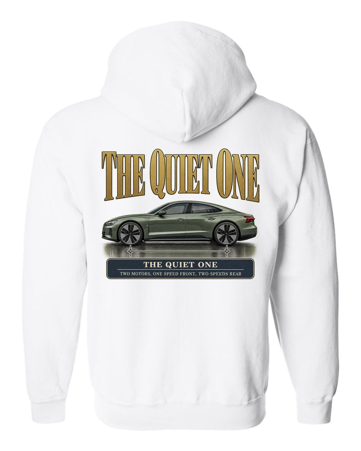 Audi e-tron GT quattro profile editorial headline print design white zip hoodie back view with the design