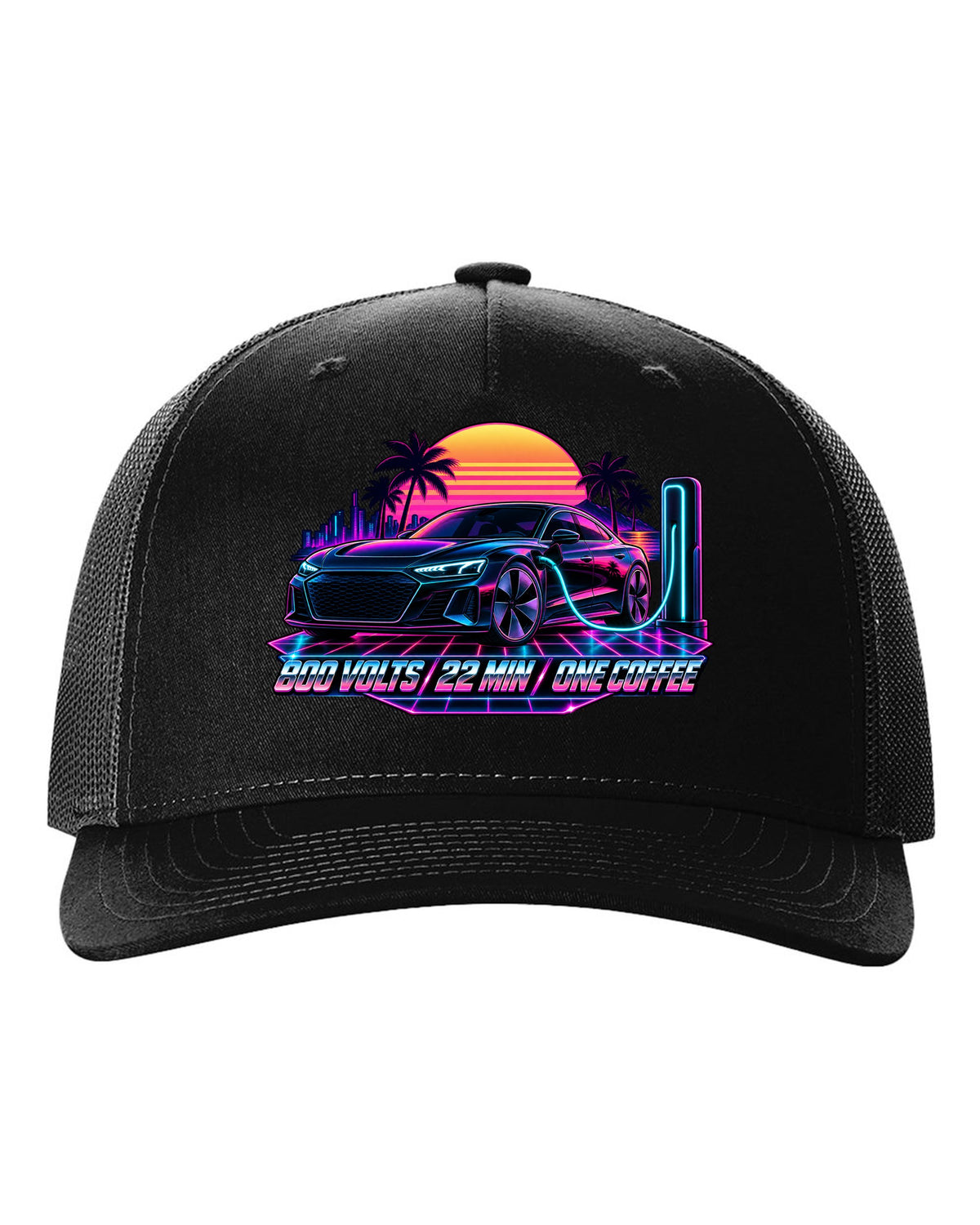 Synthwave print of an Audi e-tron GT at dusk with charging time text black hat front view with the design
