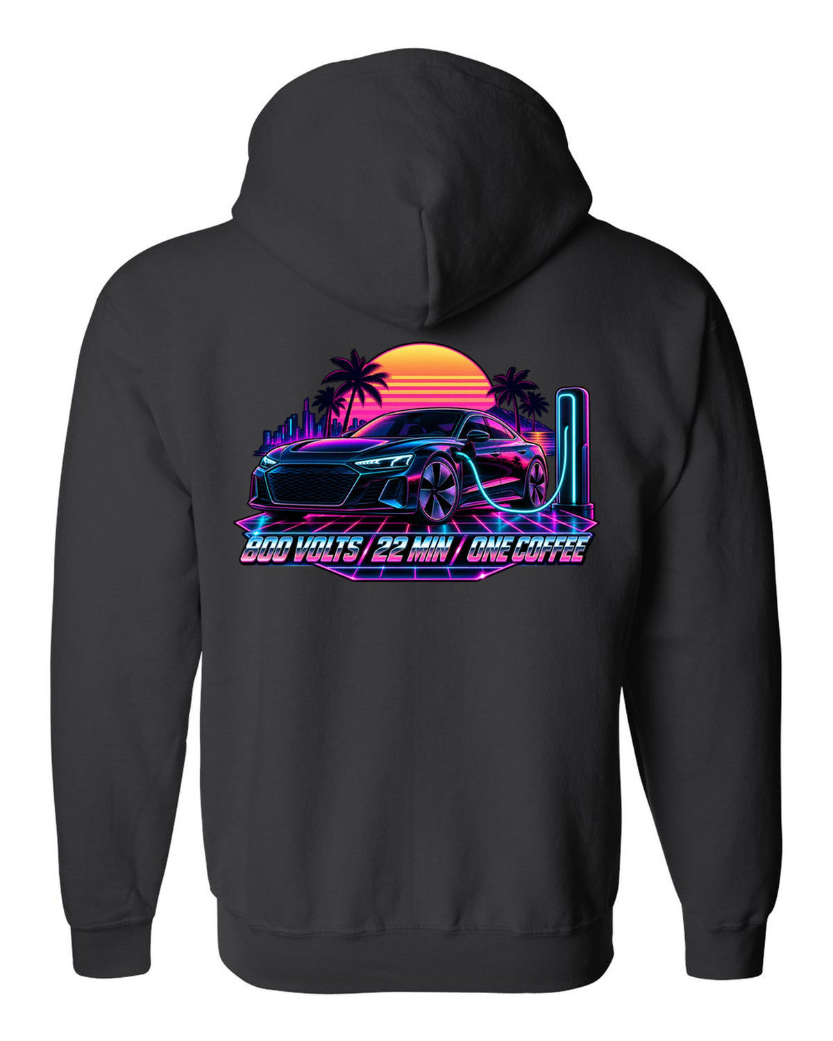 Synthwave print of an Audi e-tron GT at dusk with charging time text black zip hoodie back view with the design