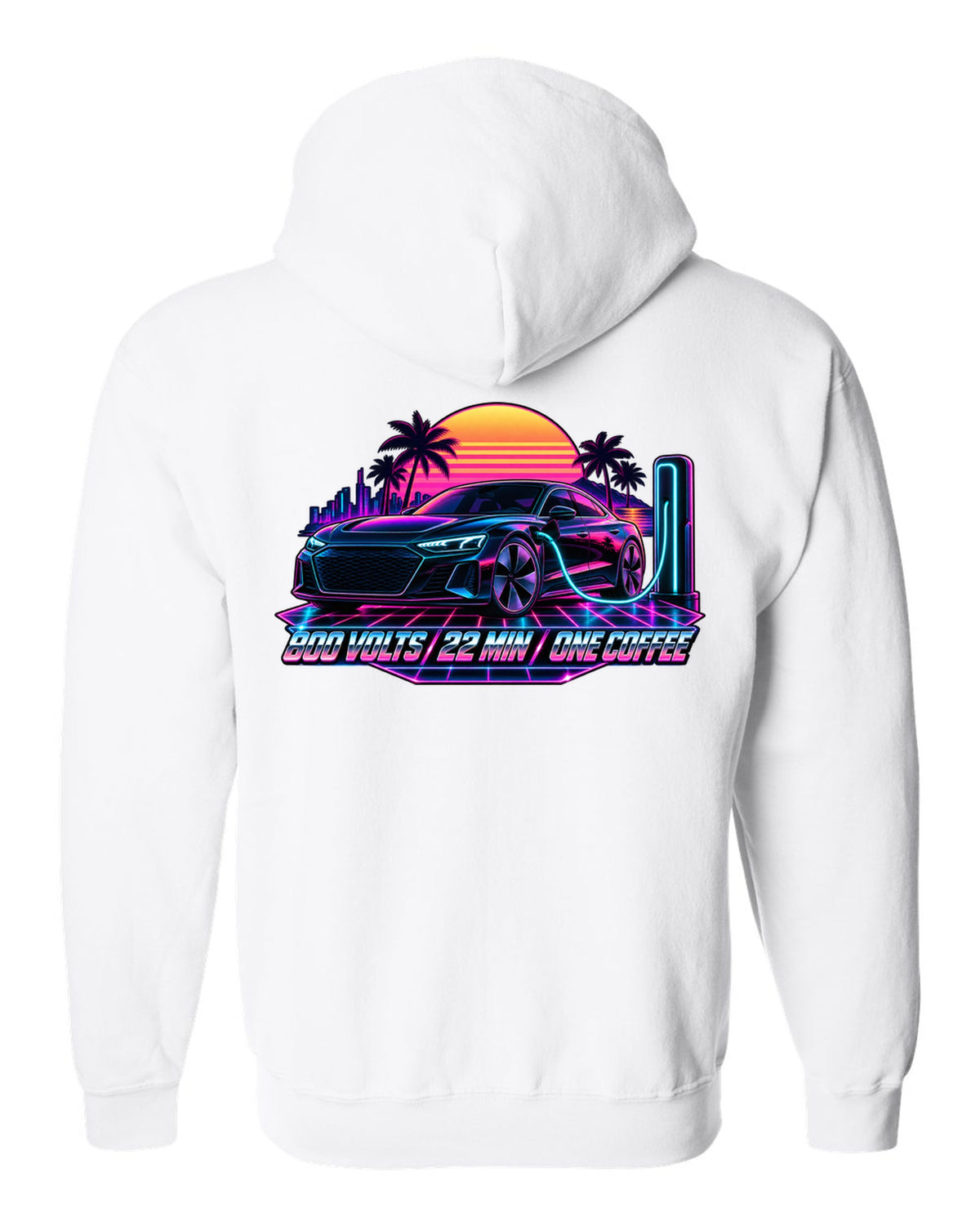 Synthwave print of an Audi e-tron GT at dusk with charging time text white zip hoodie back view with the design