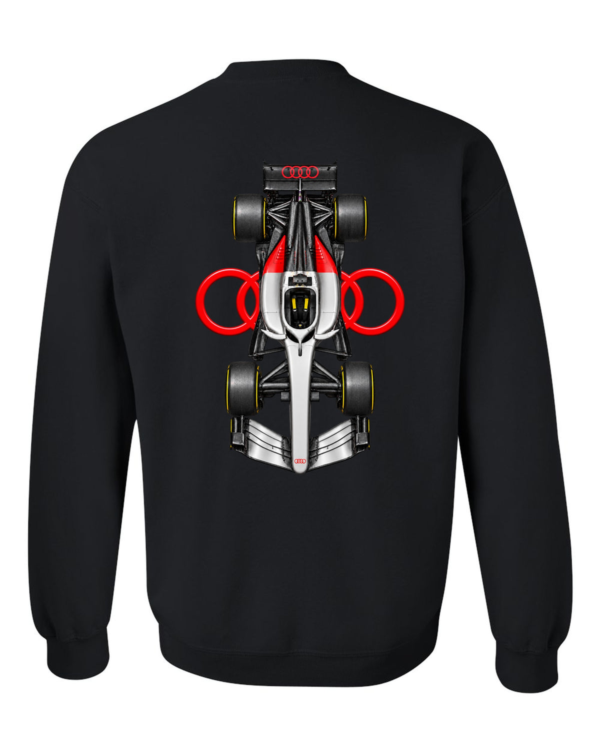 Audi R26 Formula 1 overhead poster artwork black crewneck back view with the design