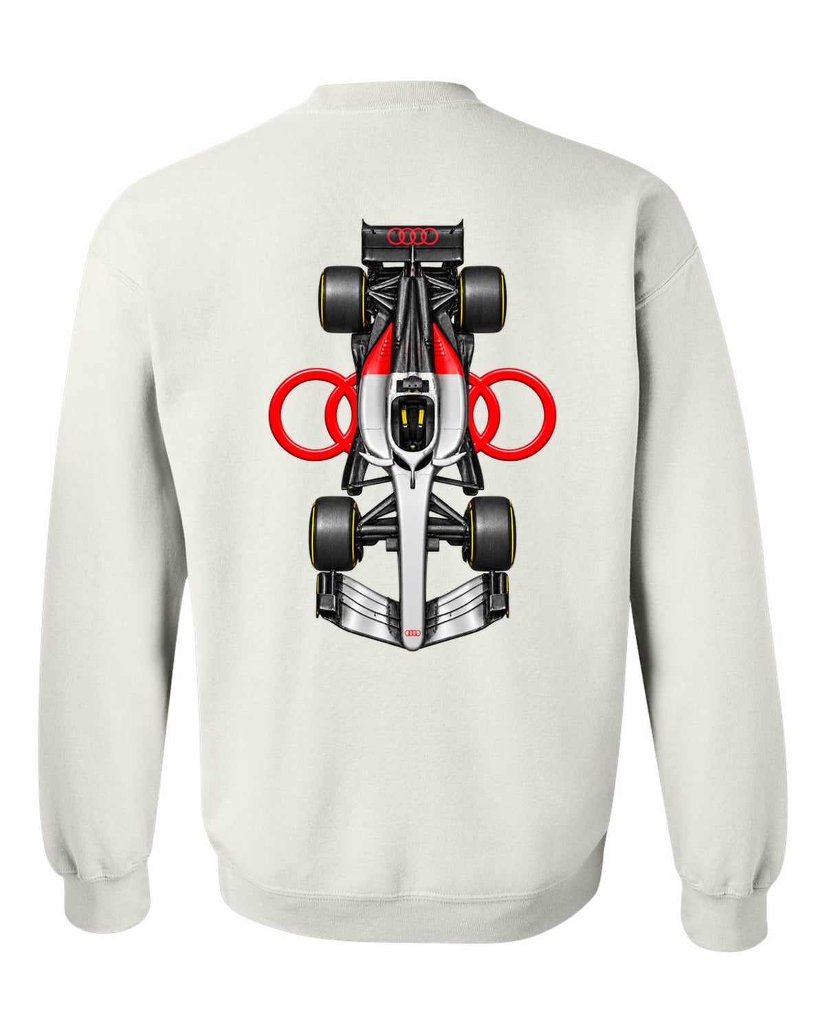 Audi R26 Formula 1 overhead poster artwork white crewneck back view with the design