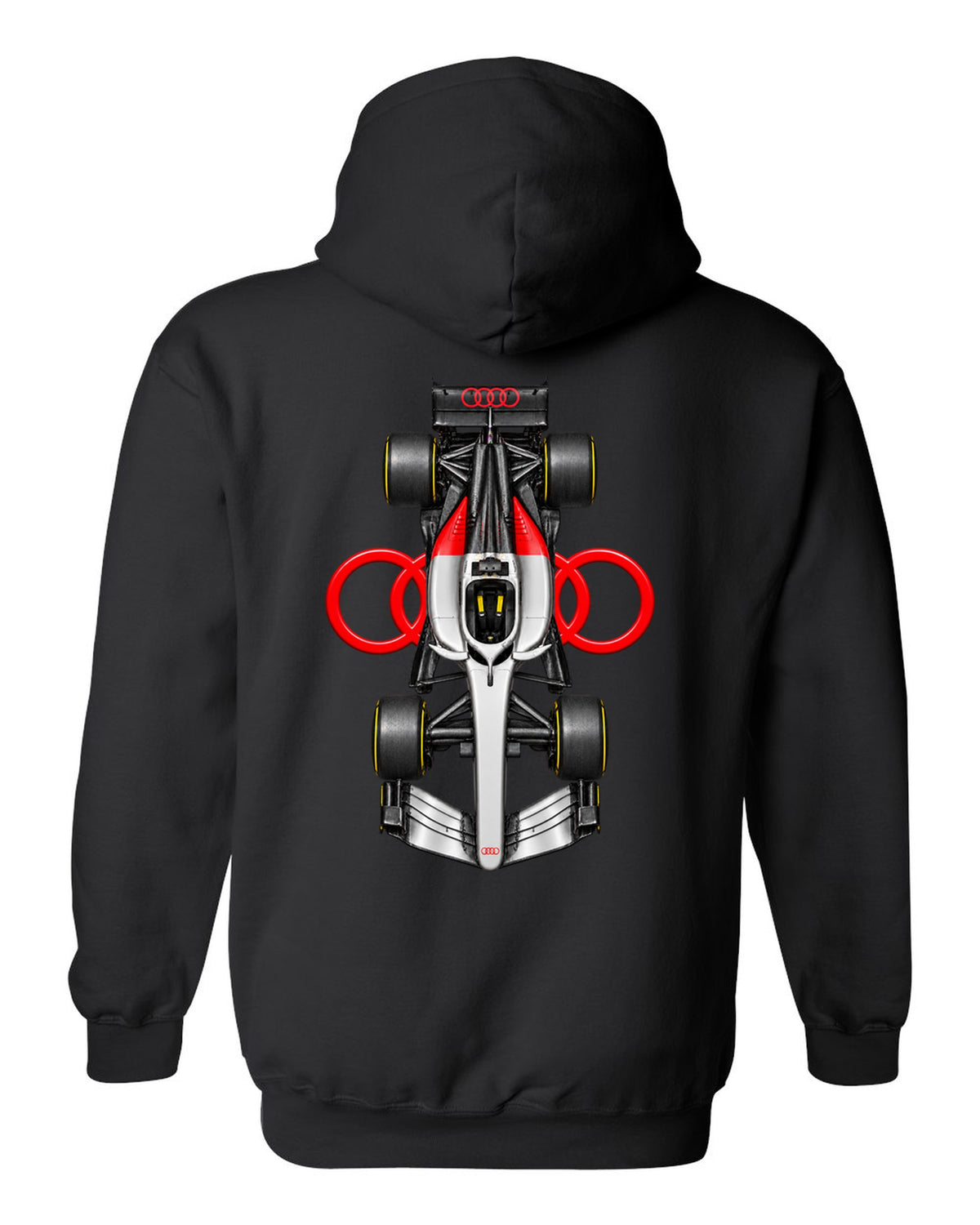 Audi R26 Formula 1 overhead poster artwork black pull over hoodie back view with the design