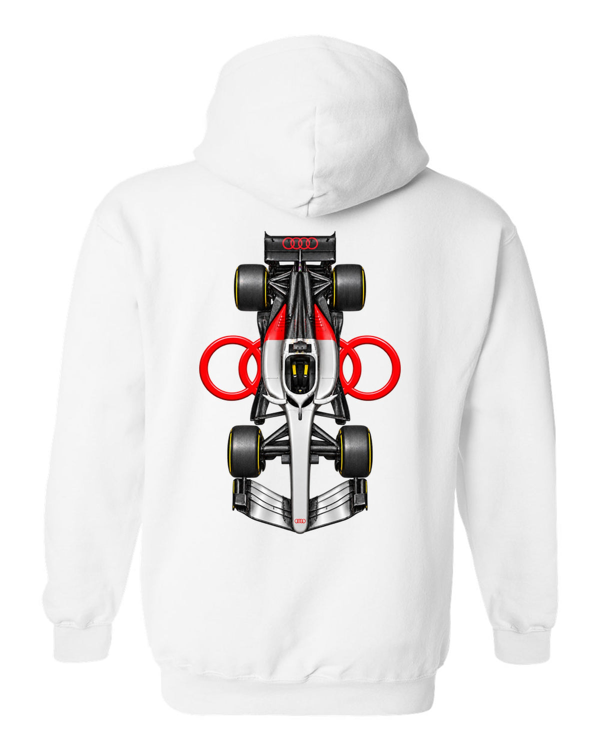Audi R26 Formula 1 overhead poster artwork white pull over hoodie back view with the design