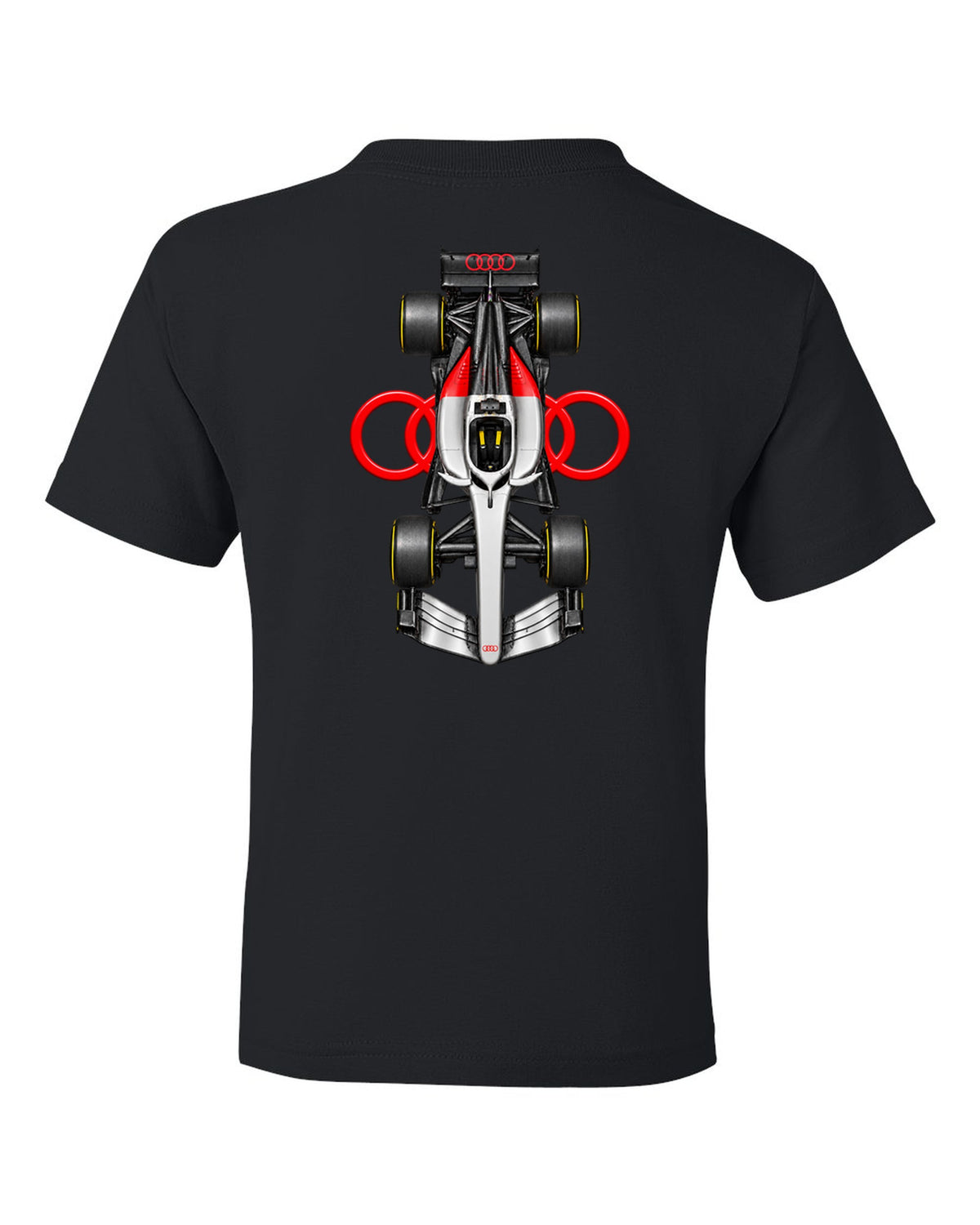 Audi R26 Formula 1 overhead poster artwork black kids tee back view with the design
