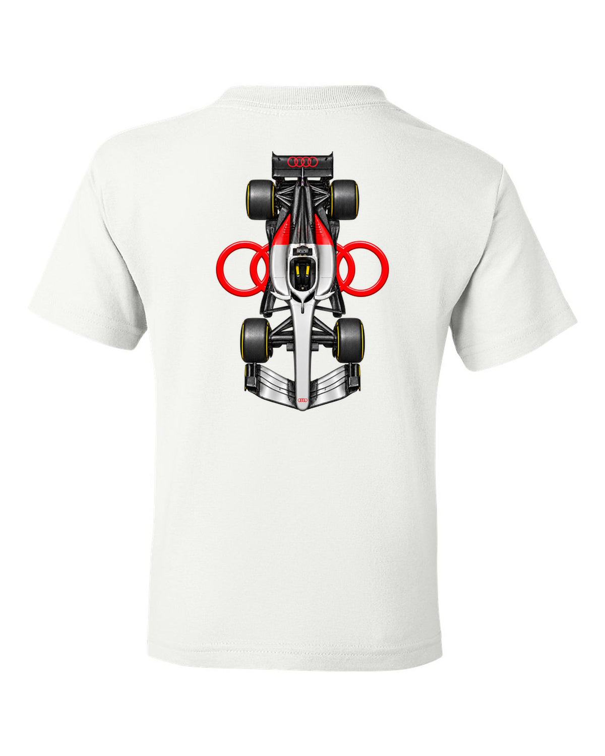 Audi R26 Formula 1 overhead poster artwork white kids tee back view with the design