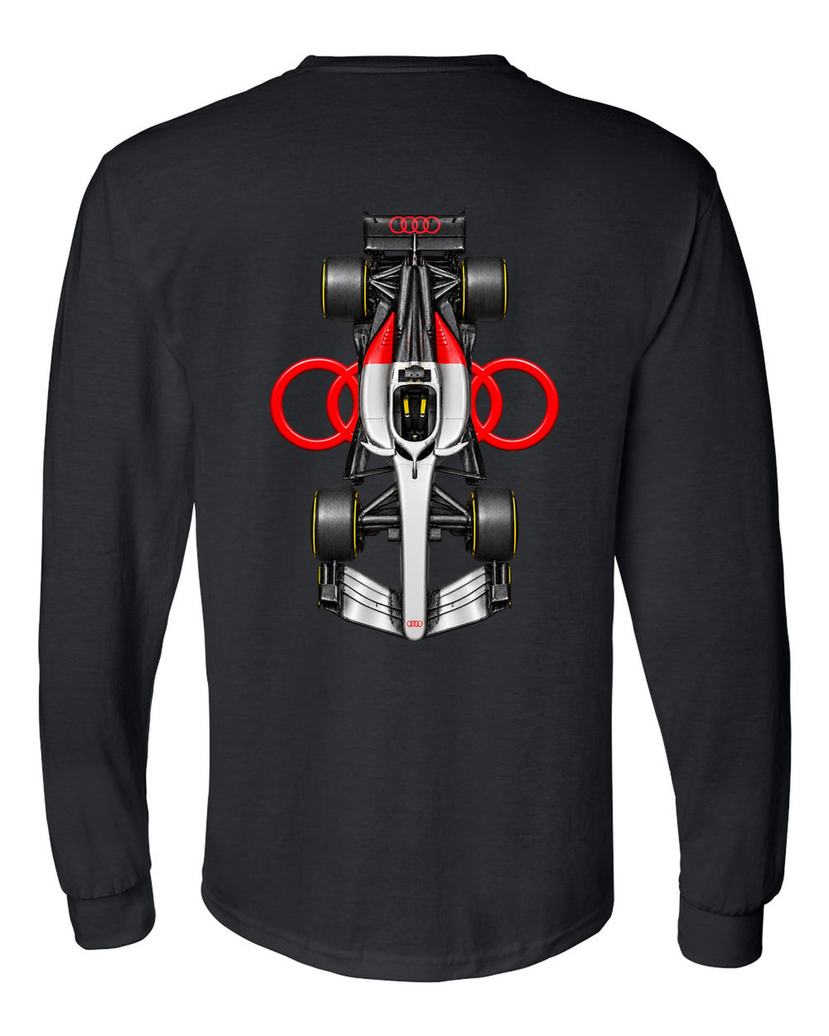 Audi R26 Formula 1 overhead poster artwork black long sleeve back view with the design