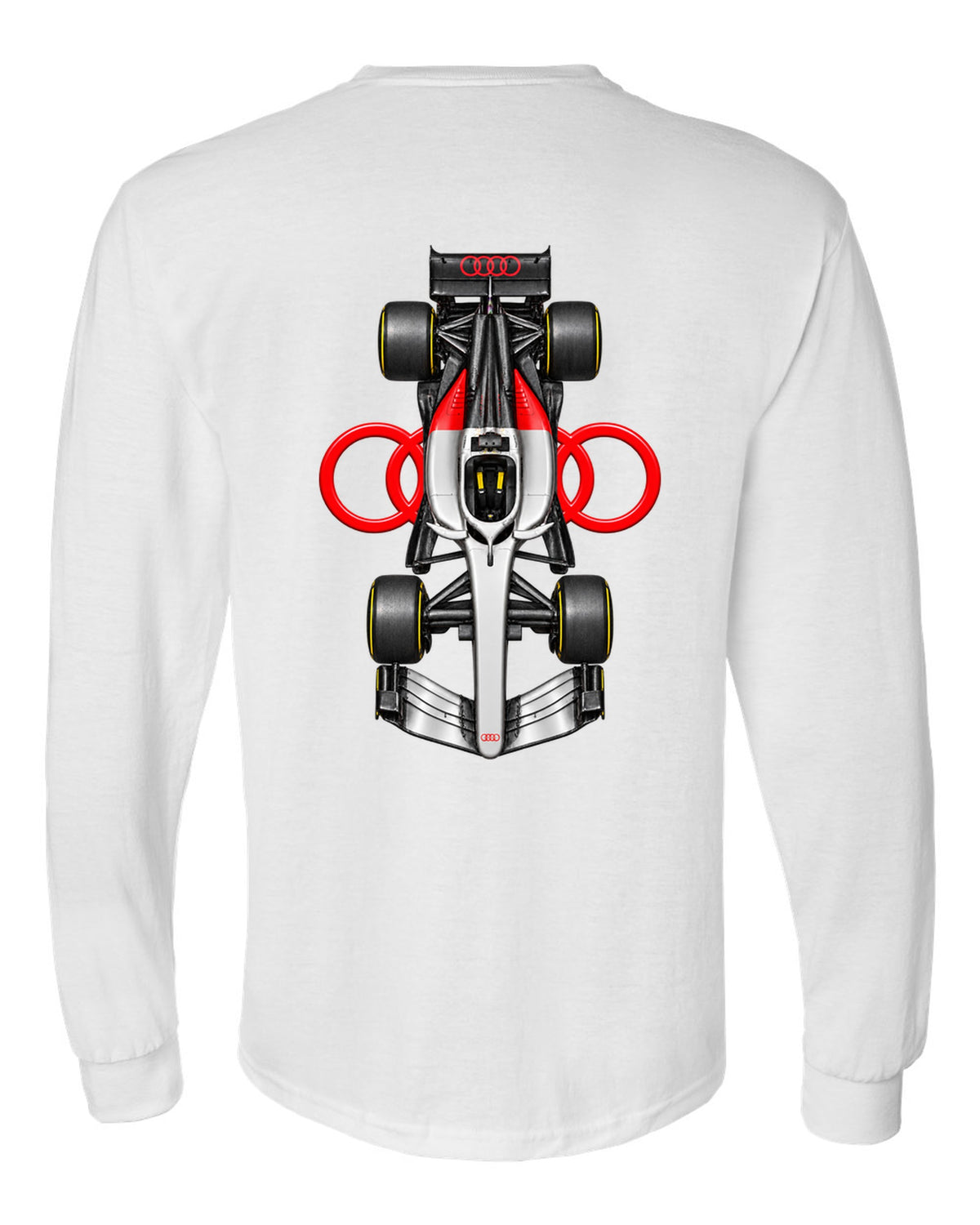 Audi R26 Formula 1 overhead poster artwork white long sleeve back view with the design