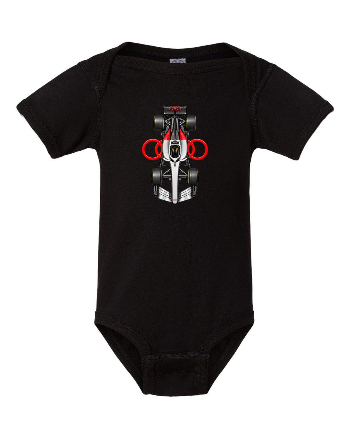 Audi R26 Formula 1 overhead poster artwork black baby onesie front view with the design