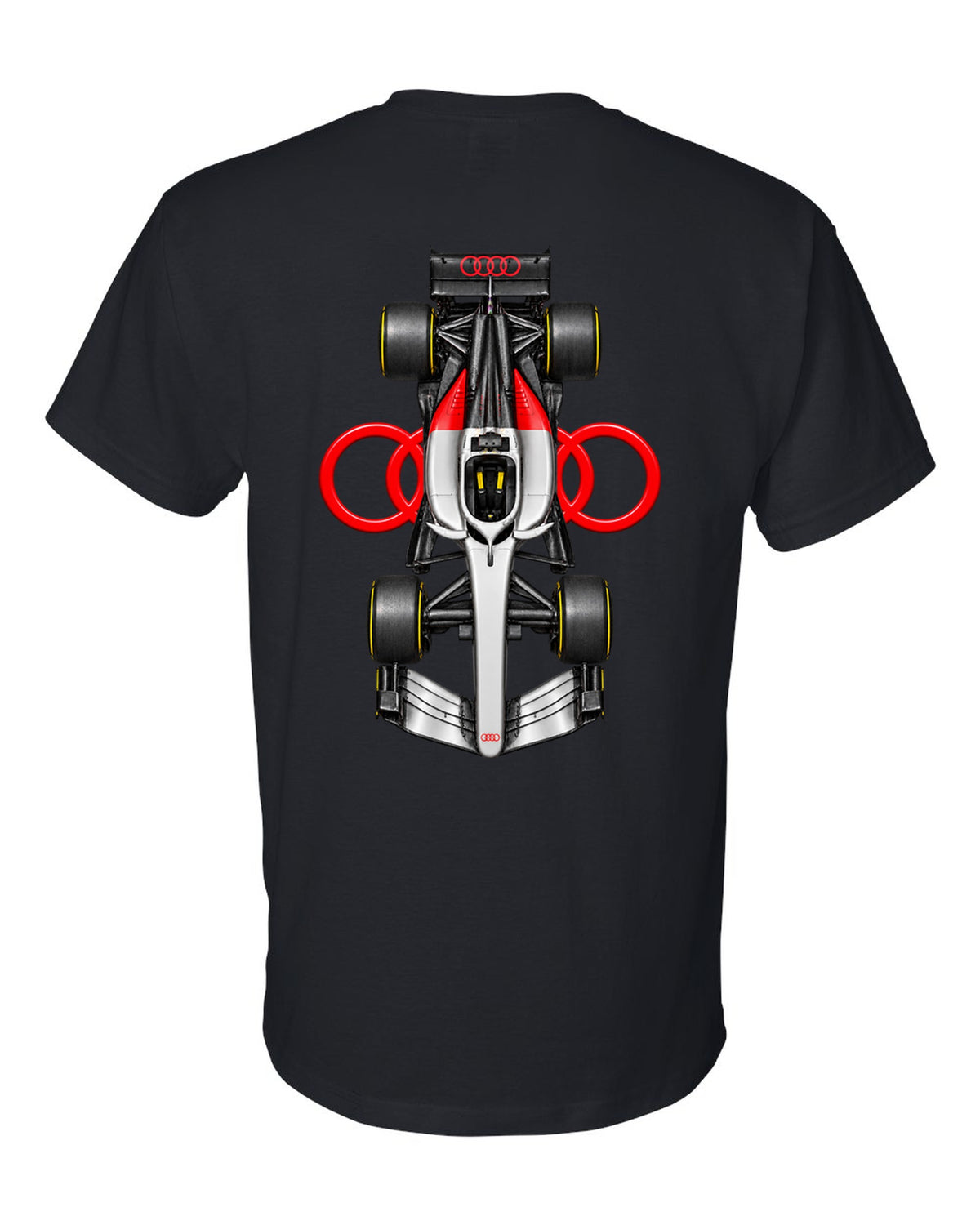 Audi R26 Formula 1 overhead poster artwork black t-shirt back view with the design