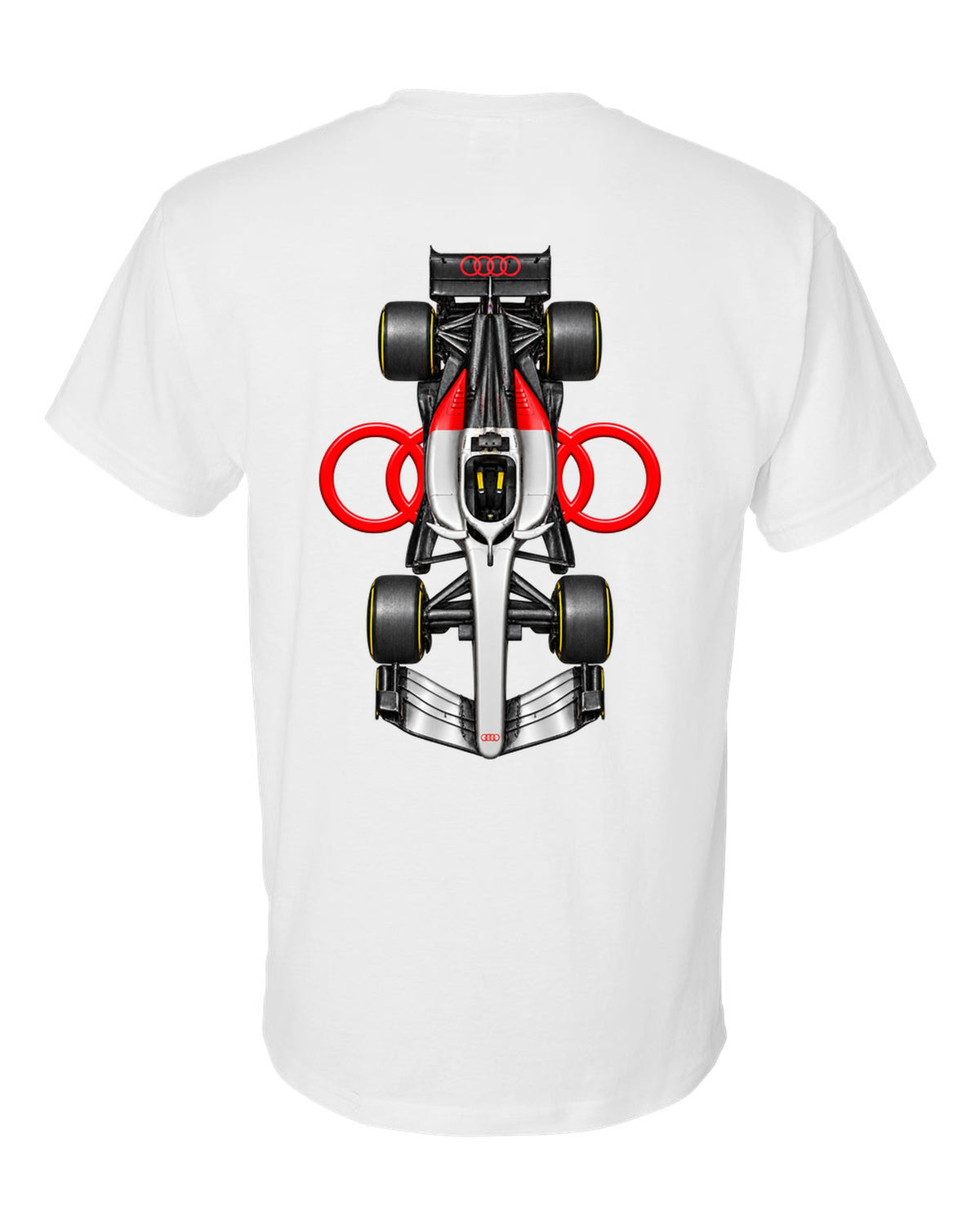 Audi R26 Formula 1 overhead poster artwork white t-shirt back view with the design