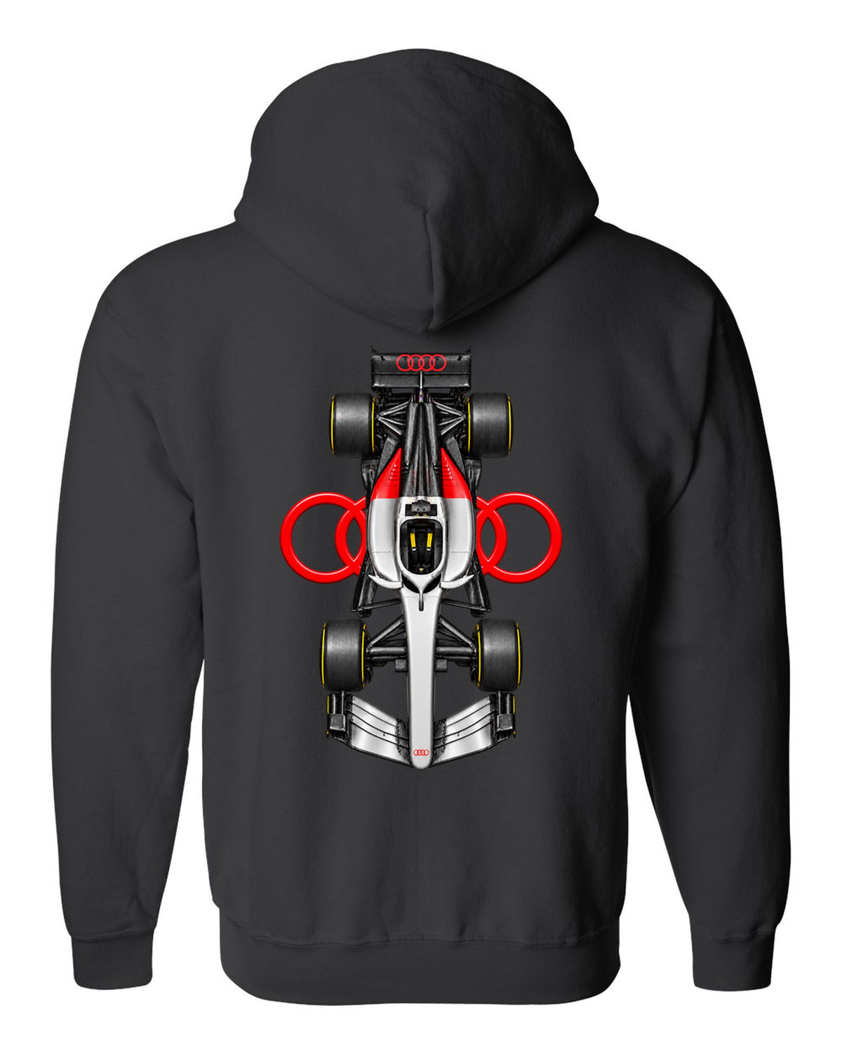 Audi R26 Formula 1 overhead poster artwork black zip hoodie back view with the design