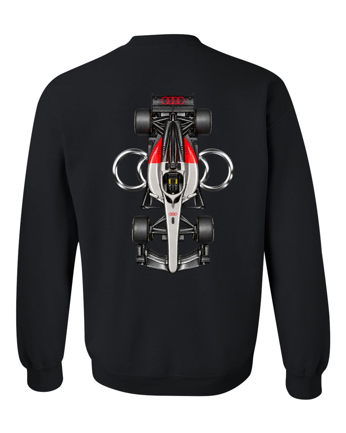 Audi R26 Formula 1 overhead poster artwork black crewneck back view with the design