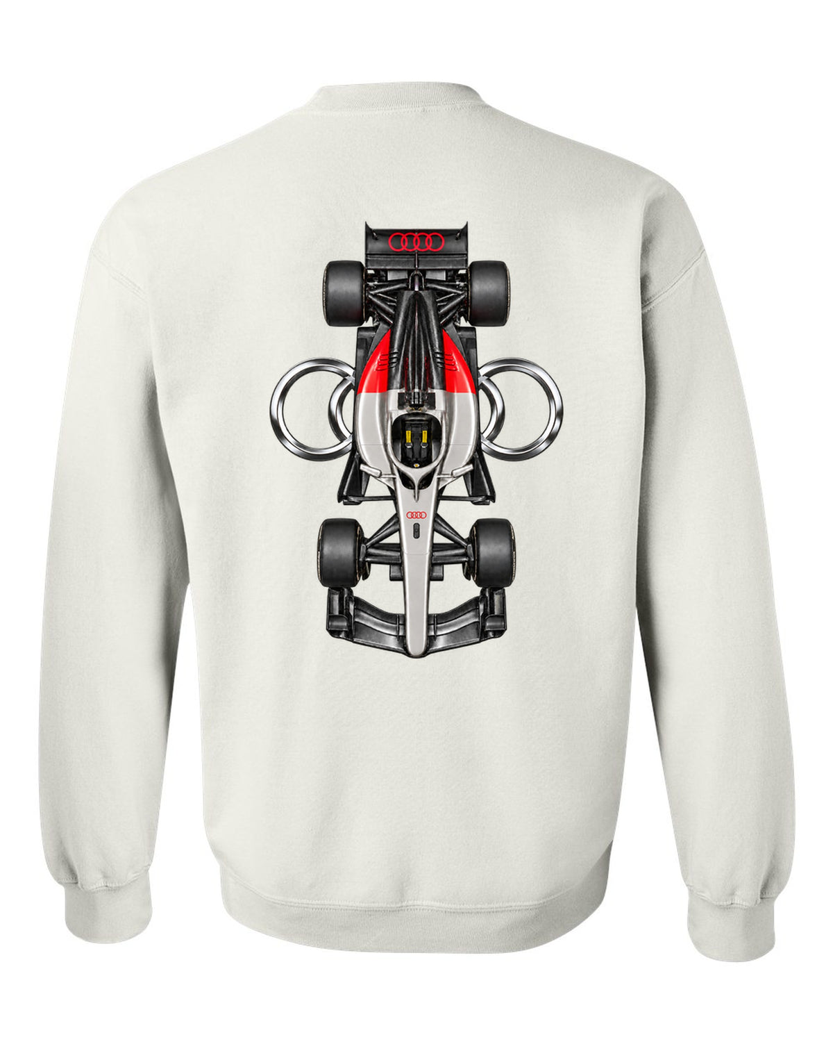 Audi R26 Formula 1 overhead poster artwork white crewneck back view with the design