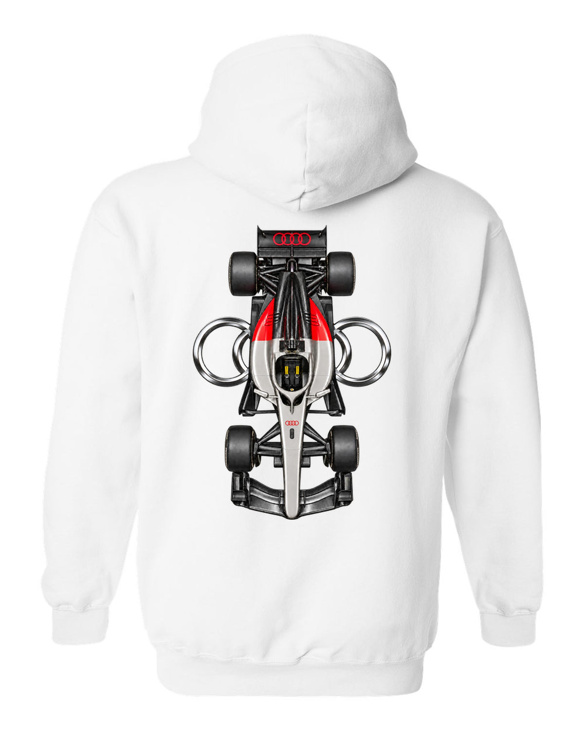 Audi R26 Formula 1 overhead poster artwork white pull over hoodie back view with the design