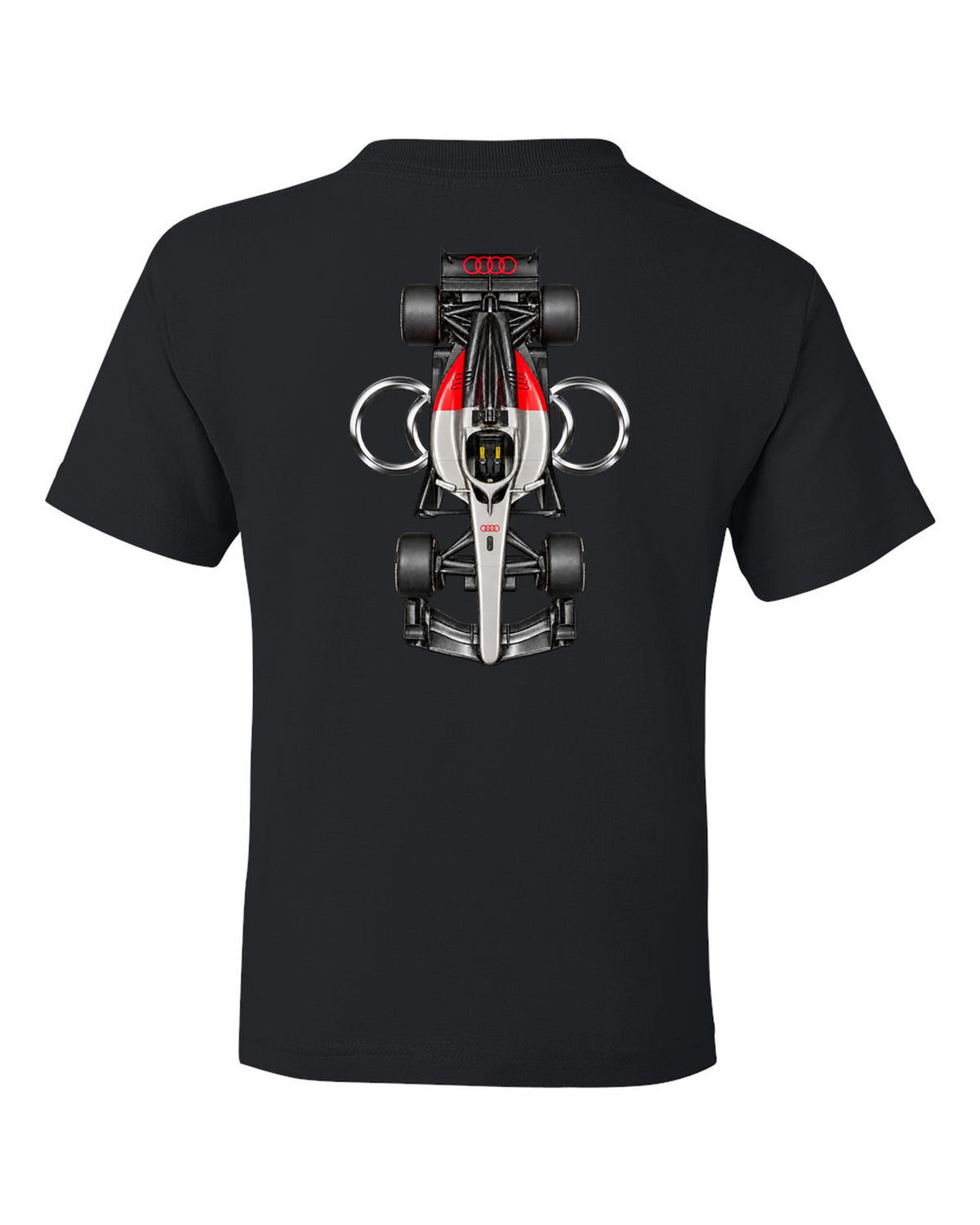 Audi R26 Formula 1 overhead poster artwork black kids tee back view with the design