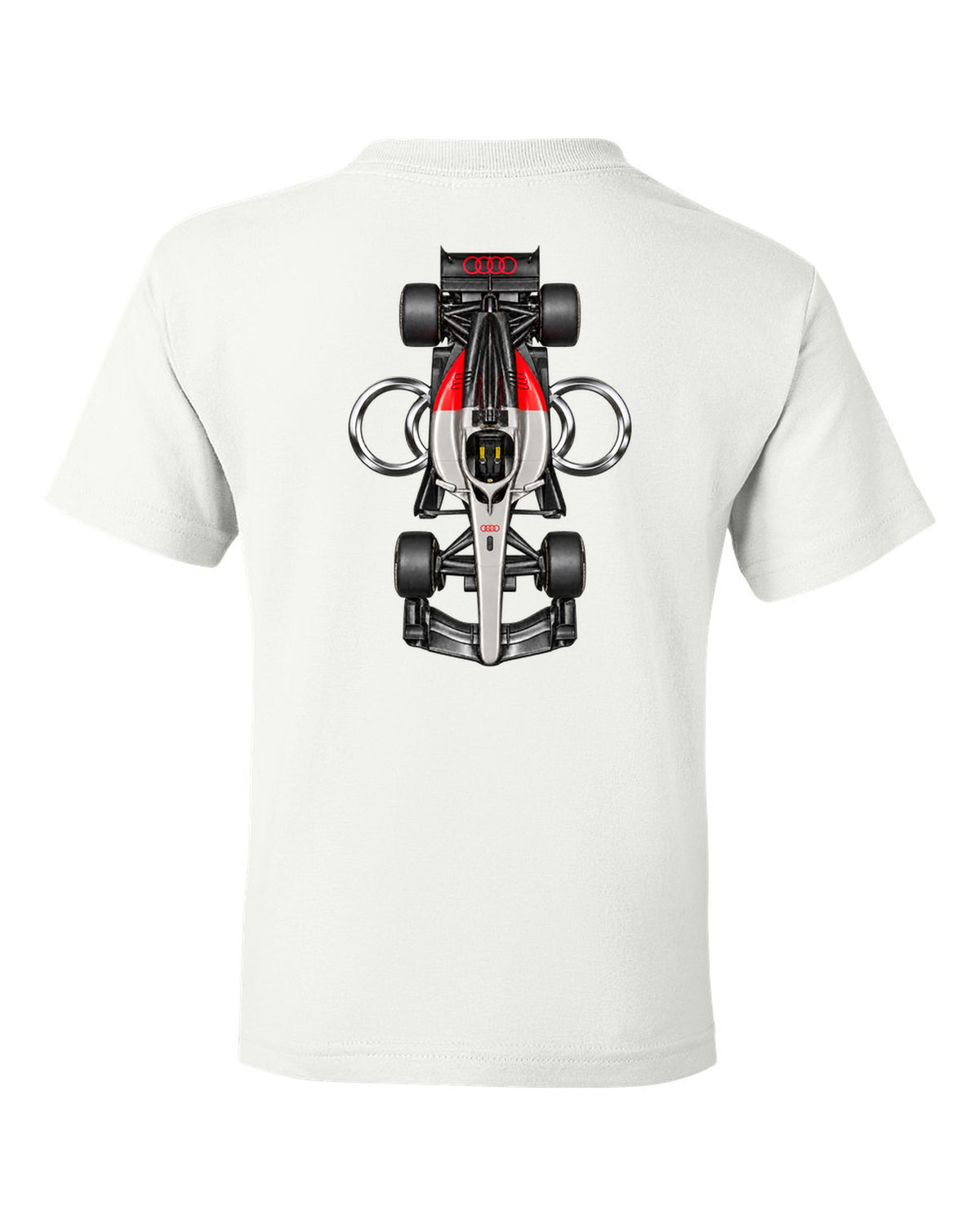 Audi R26 Formula 1 overhead poster artwork white kids tee back view with the design