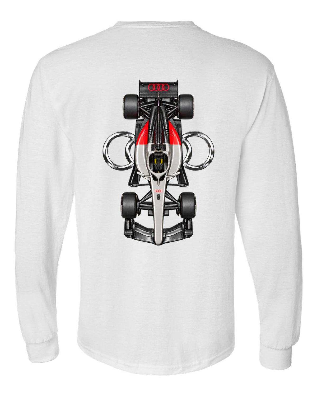 Audi R26 Formula 1 overhead poster artwork white long sleeve back view with the design