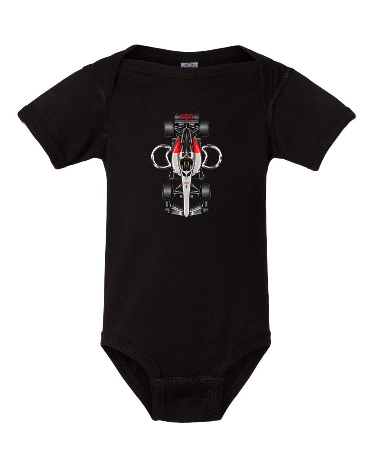 Audi R26 Formula 1 overhead poster artwork black baby onesie front view with the design