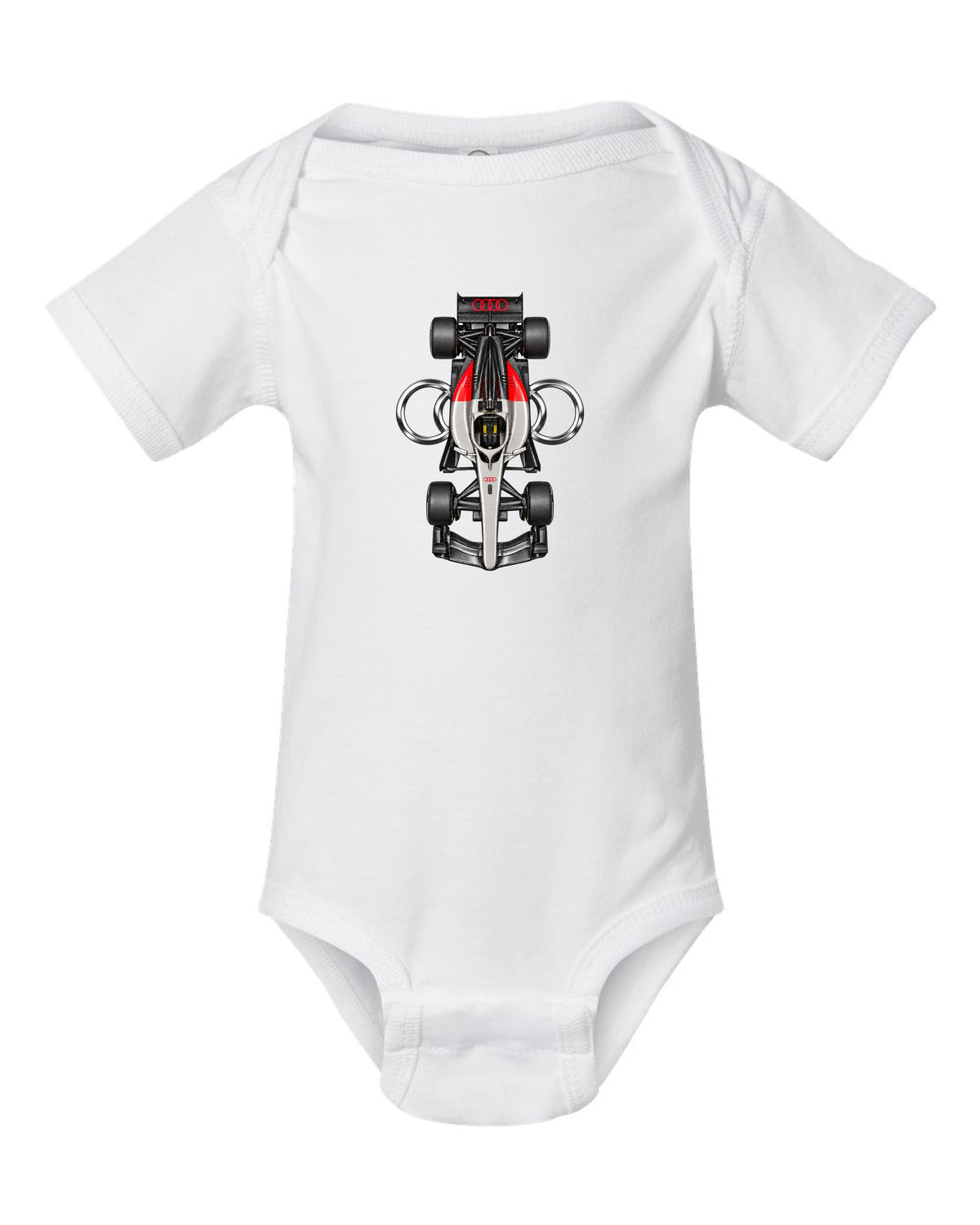 Audi R26 Formula 1 overhead poster artwork white baby onesie front view with the design
