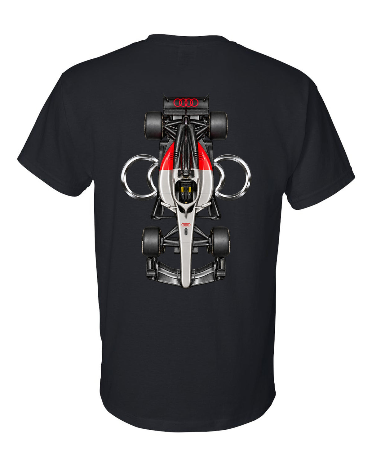 Audi R26 Formula 1 overhead poster artwork black t-shirt back view with the design