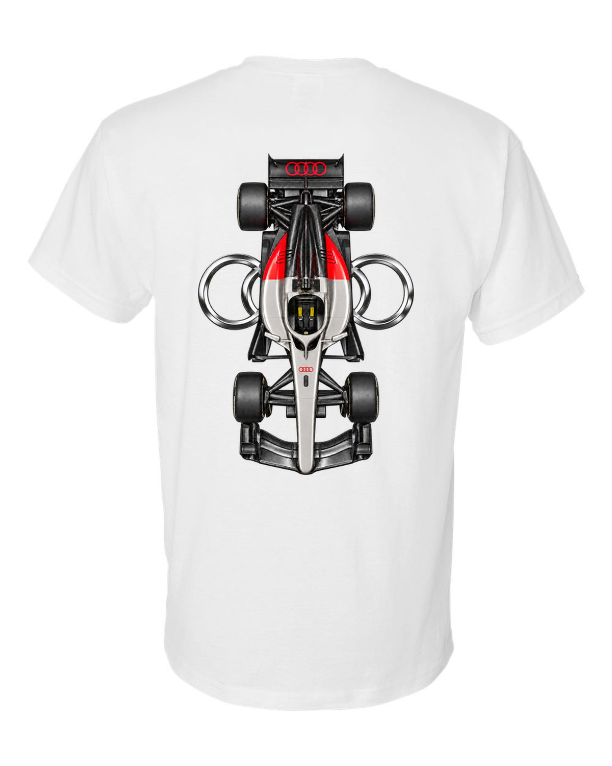 Audi R26 Formula 1 overhead poster artwork white t-shirt back view with the design