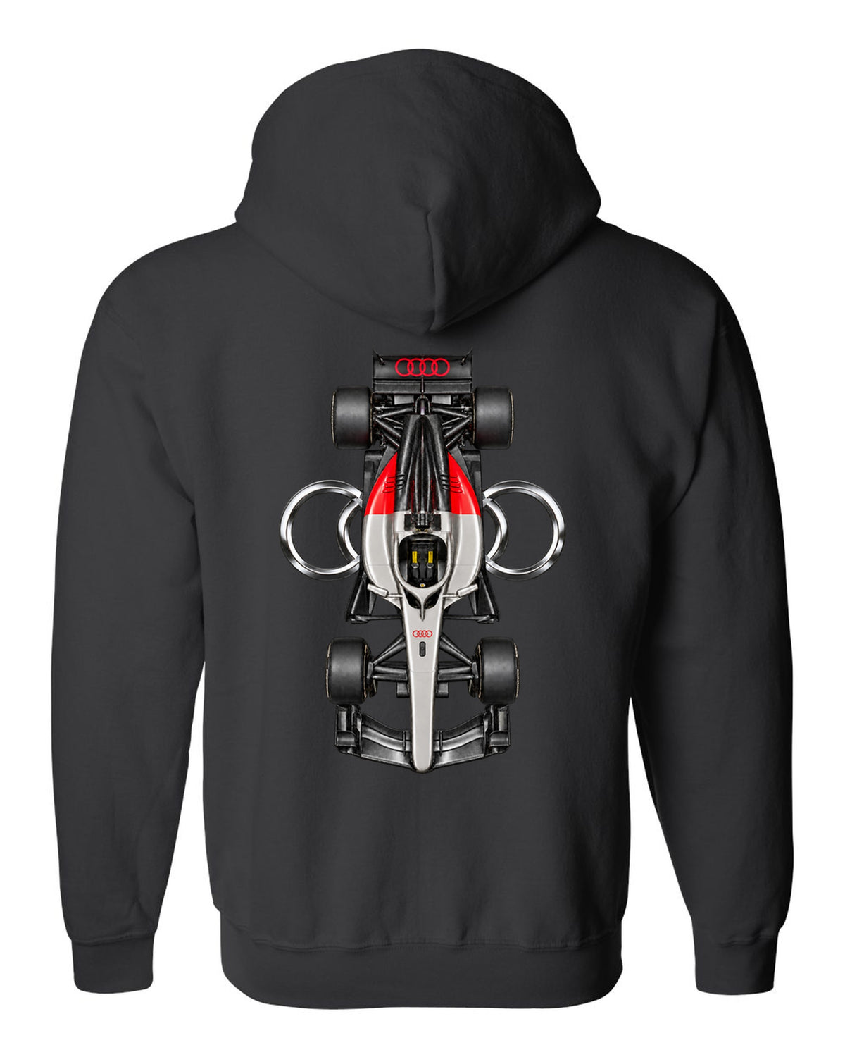 Audi R26 Formula 1 overhead poster artwork black zip hoodie back view with the design