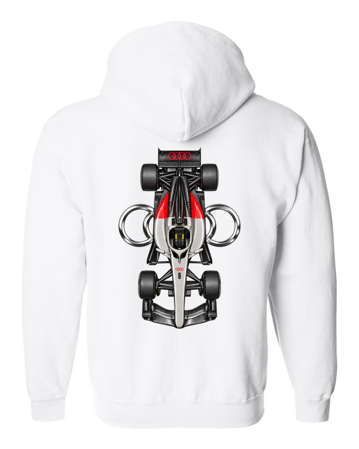 Audi R26 Formula 1 overhead poster artwork white zip hoodie back view with the design
