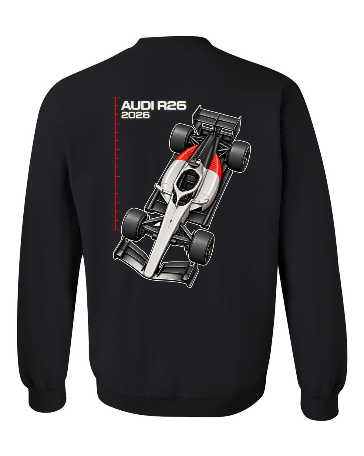 Audi R26 2026 F1 car technical poster artwork black crewneck back view with the design