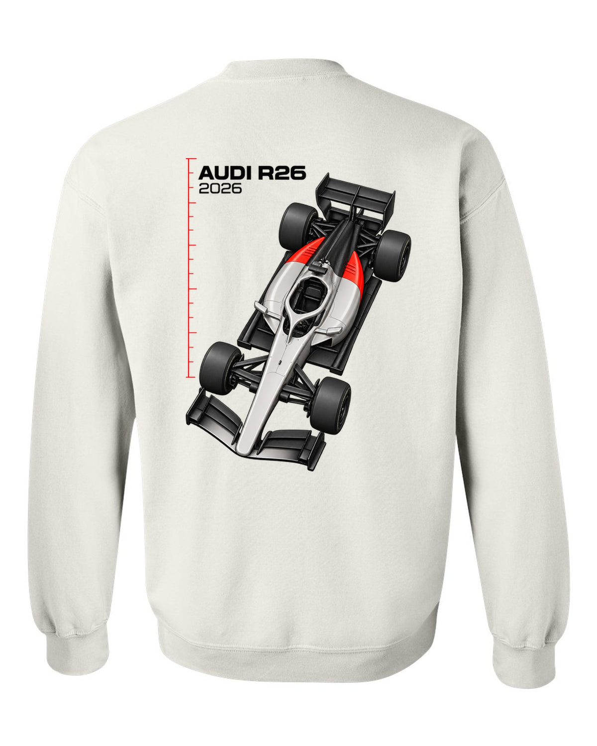 Audi R26 2026 F1 car technical poster artwork white crewneck back view with the design