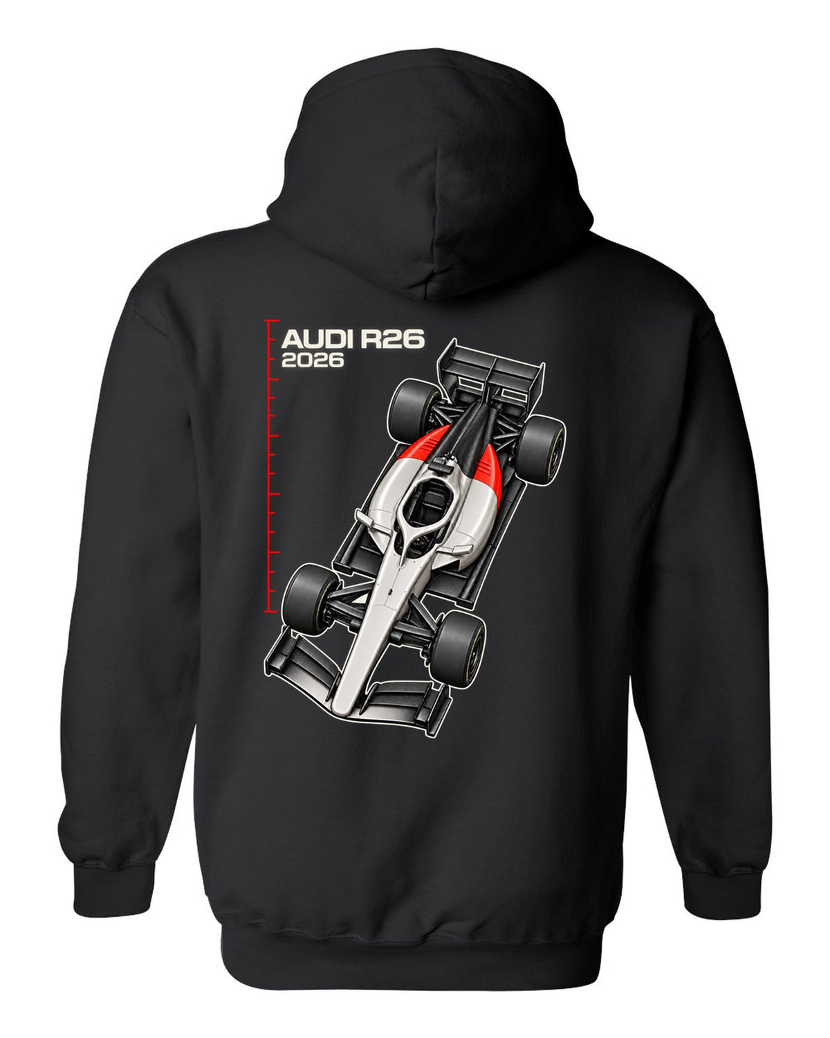 Audi R26 2026 F1 car technical poster artwork black pull over hoodie back view with the design