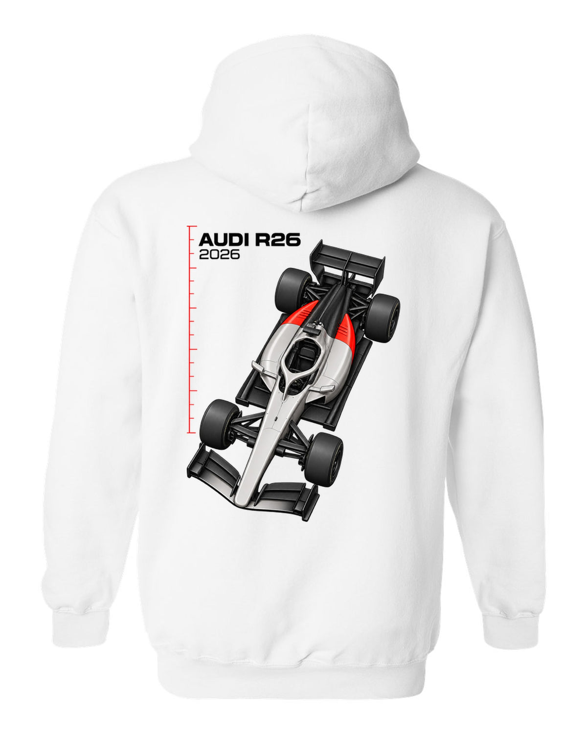 Audi R26 2026 F1 car technical poster artwork white pull over hoodie back view with the design