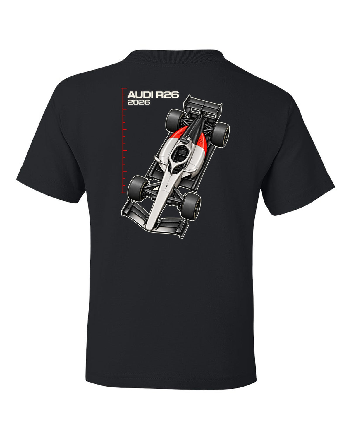 Audi R26 2026 F1 car technical poster artwork black kids tee back view with the design
